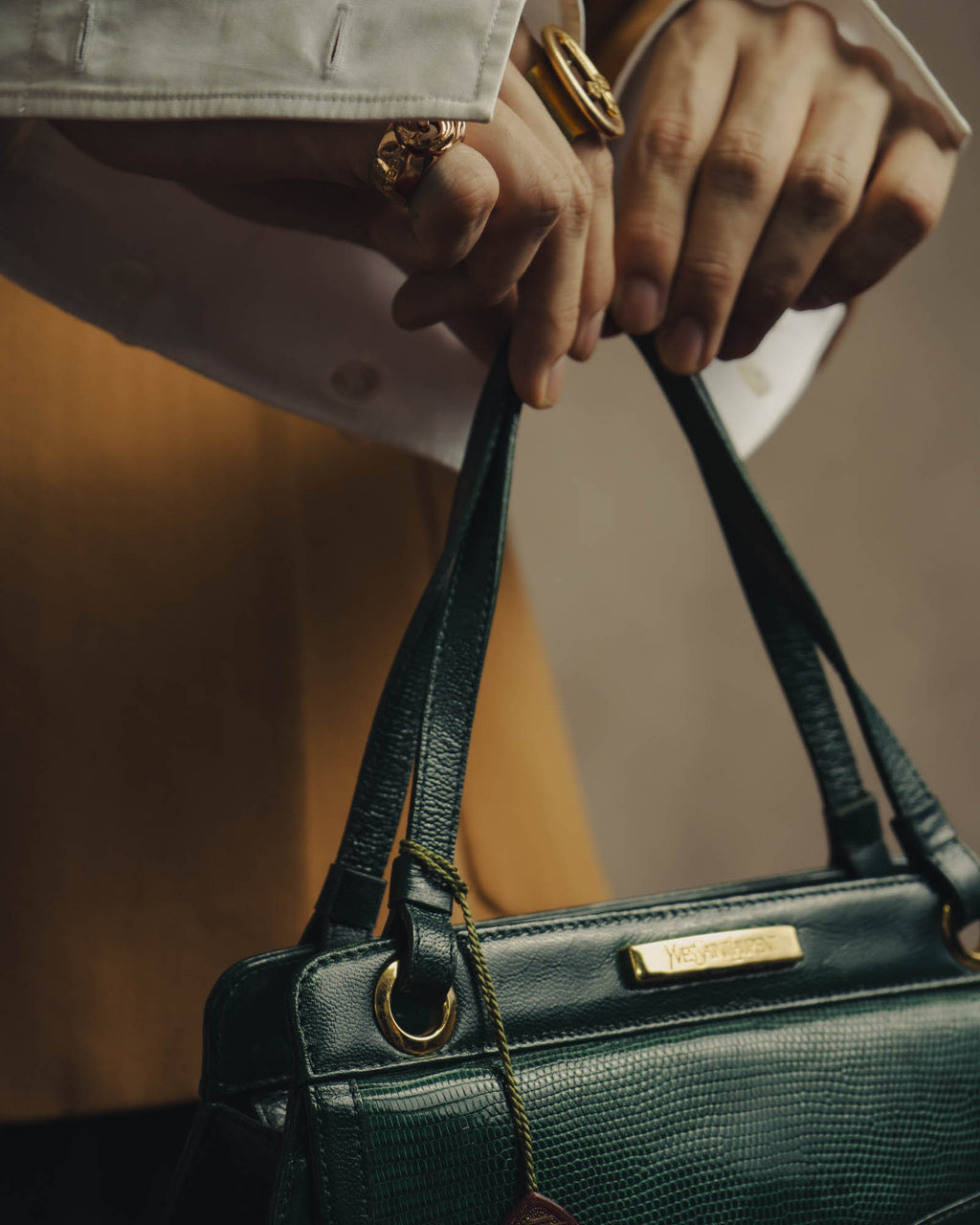 -SPECIAL- "Yves Saint Laurent" 80's-90's Glossy green exotic leather shoulder handbag