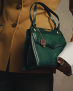 -SPECIAL- "Yves Saint Laurent" 80's-90's Glossy green exotic leather shoulder handbag