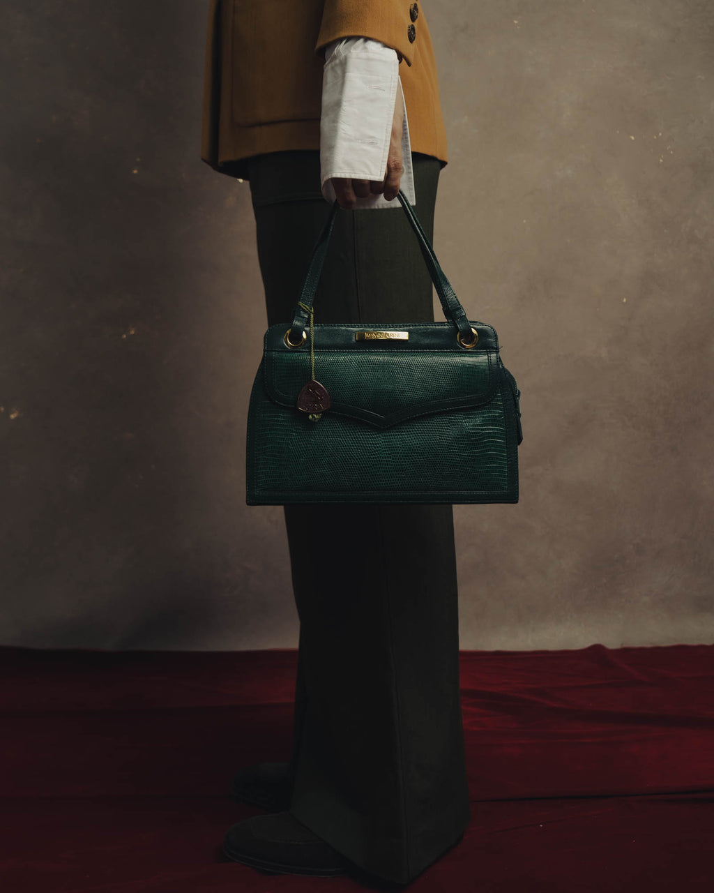 -SPECIAL- "Yves Saint Laurent" 80's-90's Glossy green exotic leather shoulder handbag