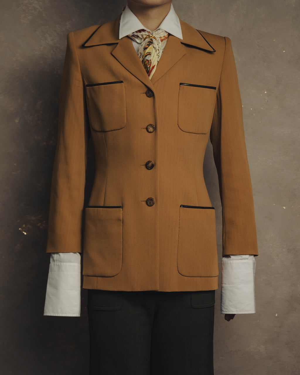 -SPECIAL- "CELINE" 80's-90's Black piped wool tailored jacket