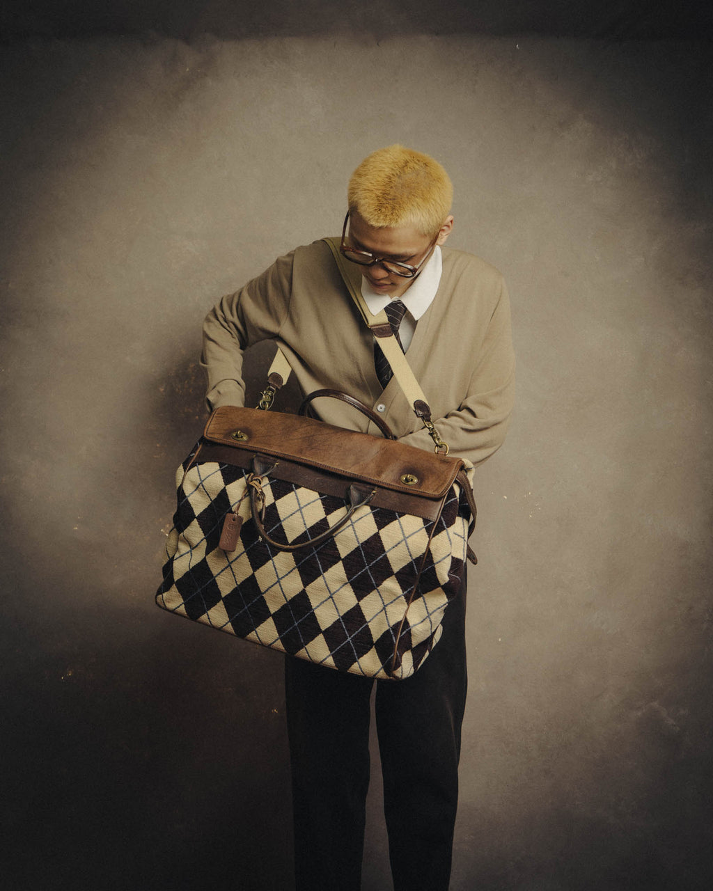 -SPECIAL- "Felisi" Argyle leather trim 2way boston bag