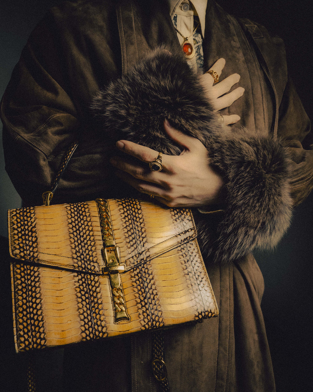 -SPECIAL- “GUCCI” 2019-2022 Sylvie 1969 python leather chain buckle top handle bag
