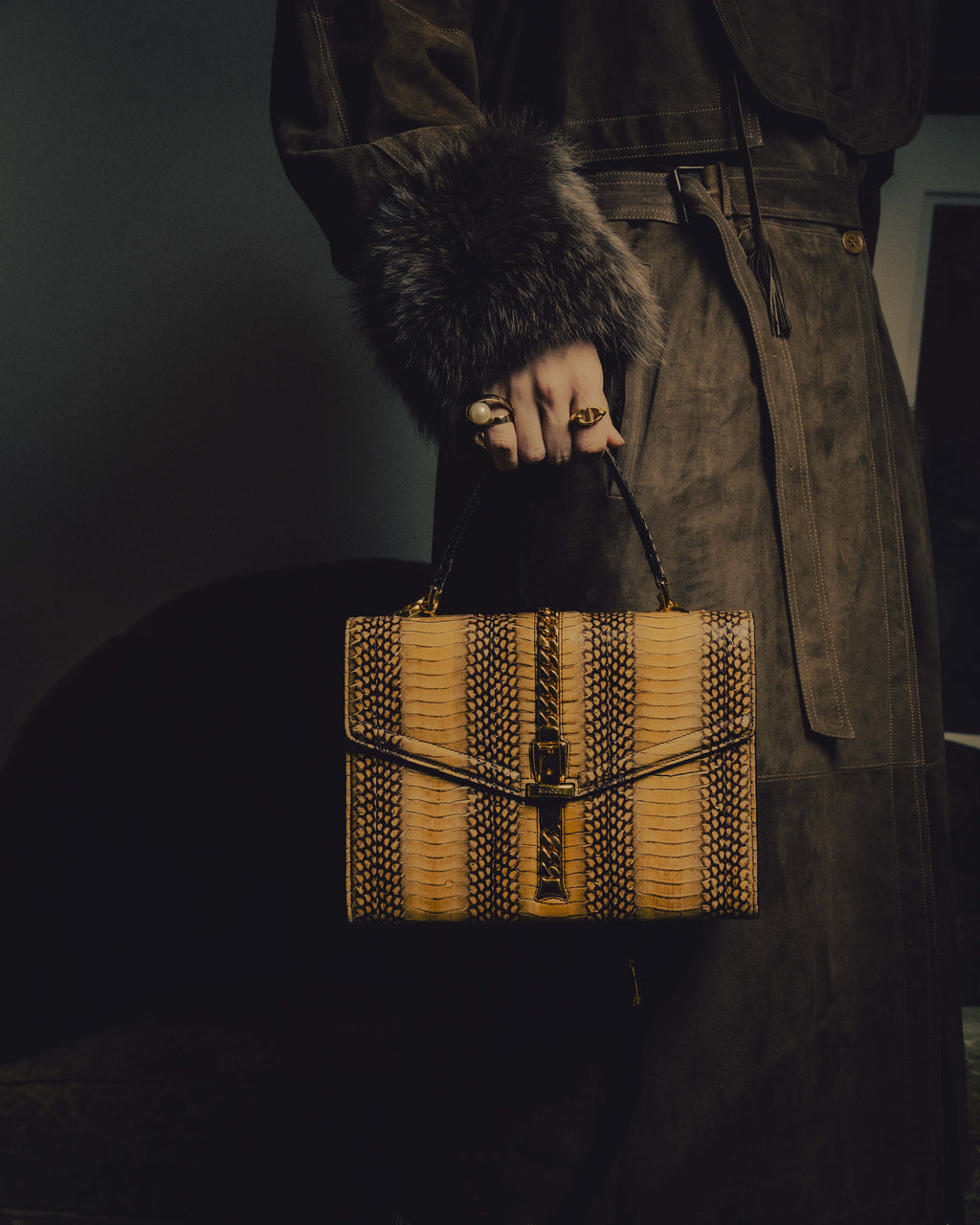 -SPECIAL- “GUCCI” 2019-2022 Sylvie 1969 python leather chain buckle top handle bag