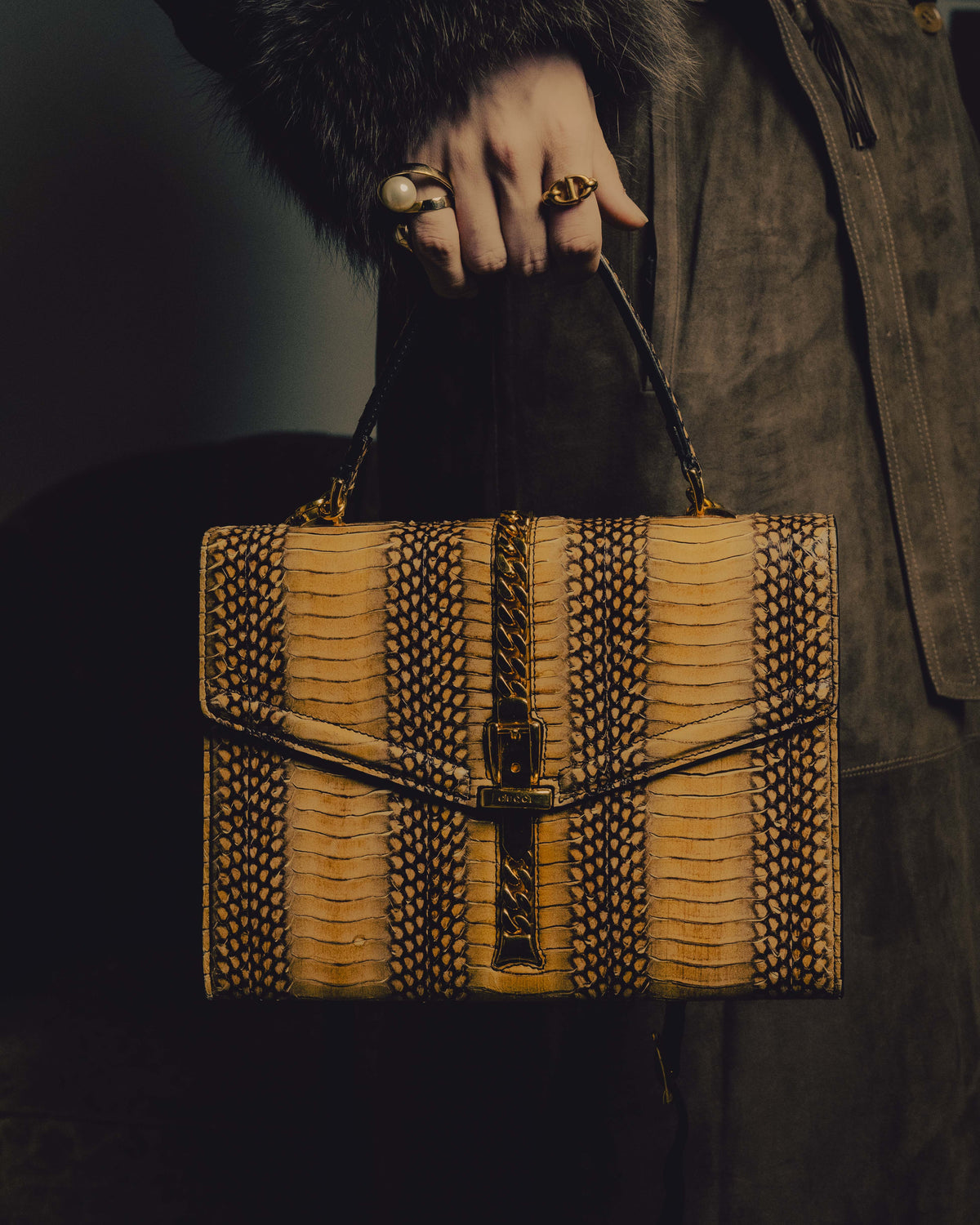 -SPECIAL- “GUCCI” 2019-2022 Sylvie 1969 python leather chain buckle top handle bag