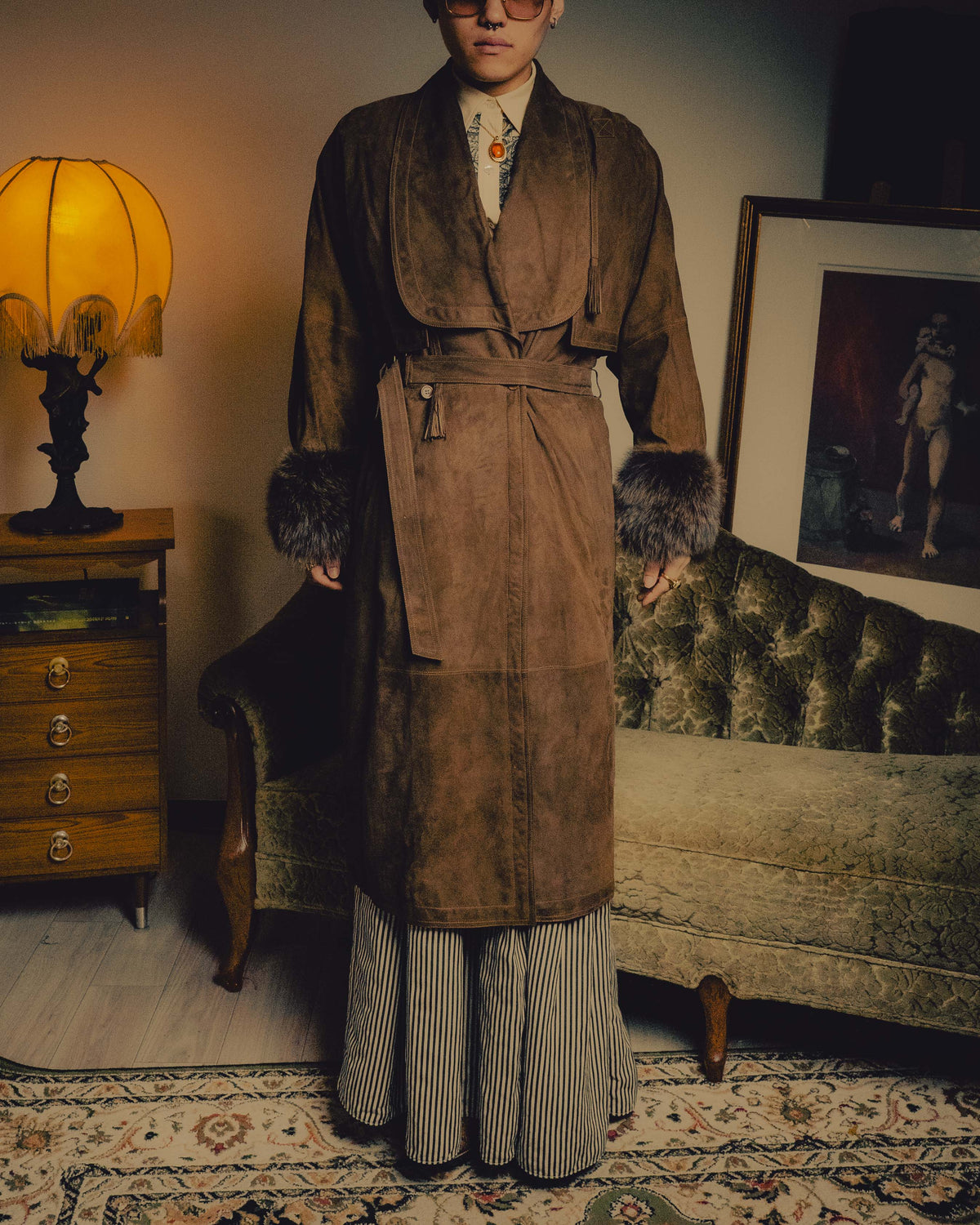 -SPECIAL- “GUCCI” 80’s Belted suede long coat with fur cuffs
