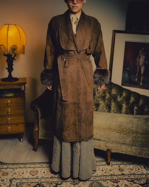 -SPECIAL- “GUCCI” 80’s Belted suede long coat with fur cuffs