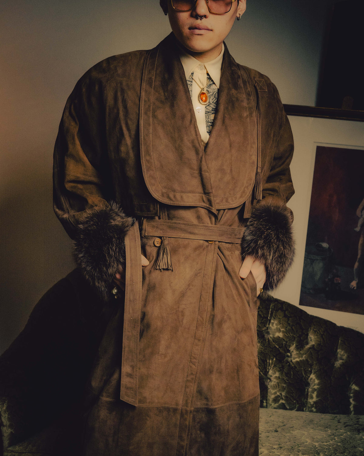 -SPECIAL- “GUCCI” 80’s Belted suede long coat with fur cuffs