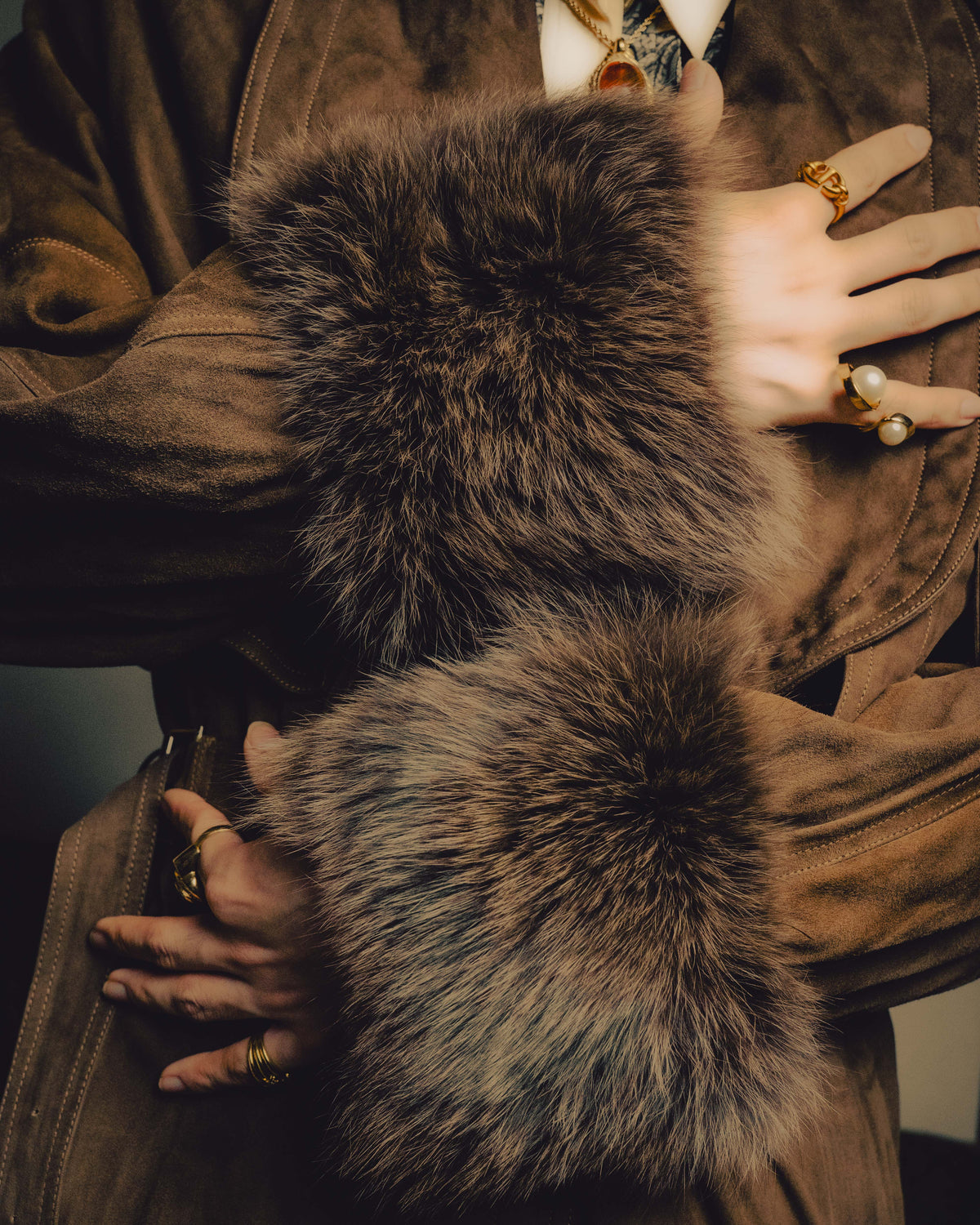 -SPECIAL- “GUCCI” 80’s Belted suede long coat with fur cuffs