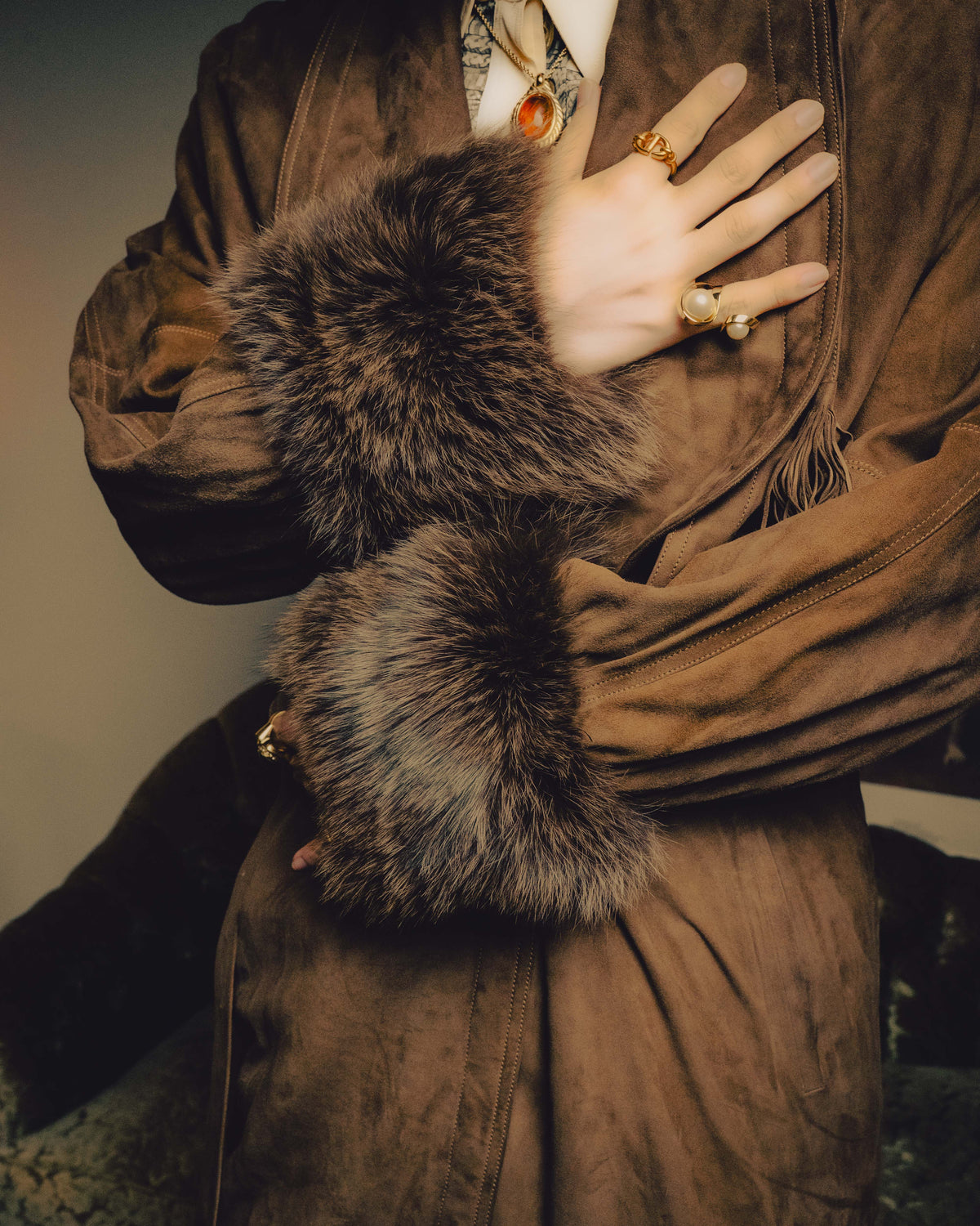 -SPECIAL- “GUCCI” 80’s Belted suede long coat with fur cuffs