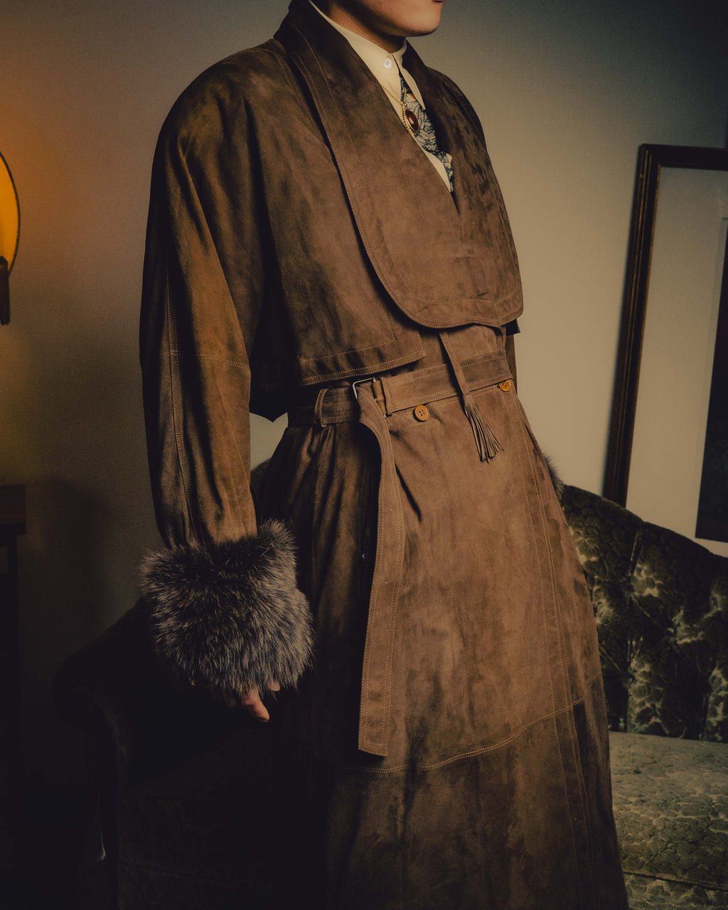 -SPECIAL- “GUCCI” 80’s Belted suede long coat with fur cuffs