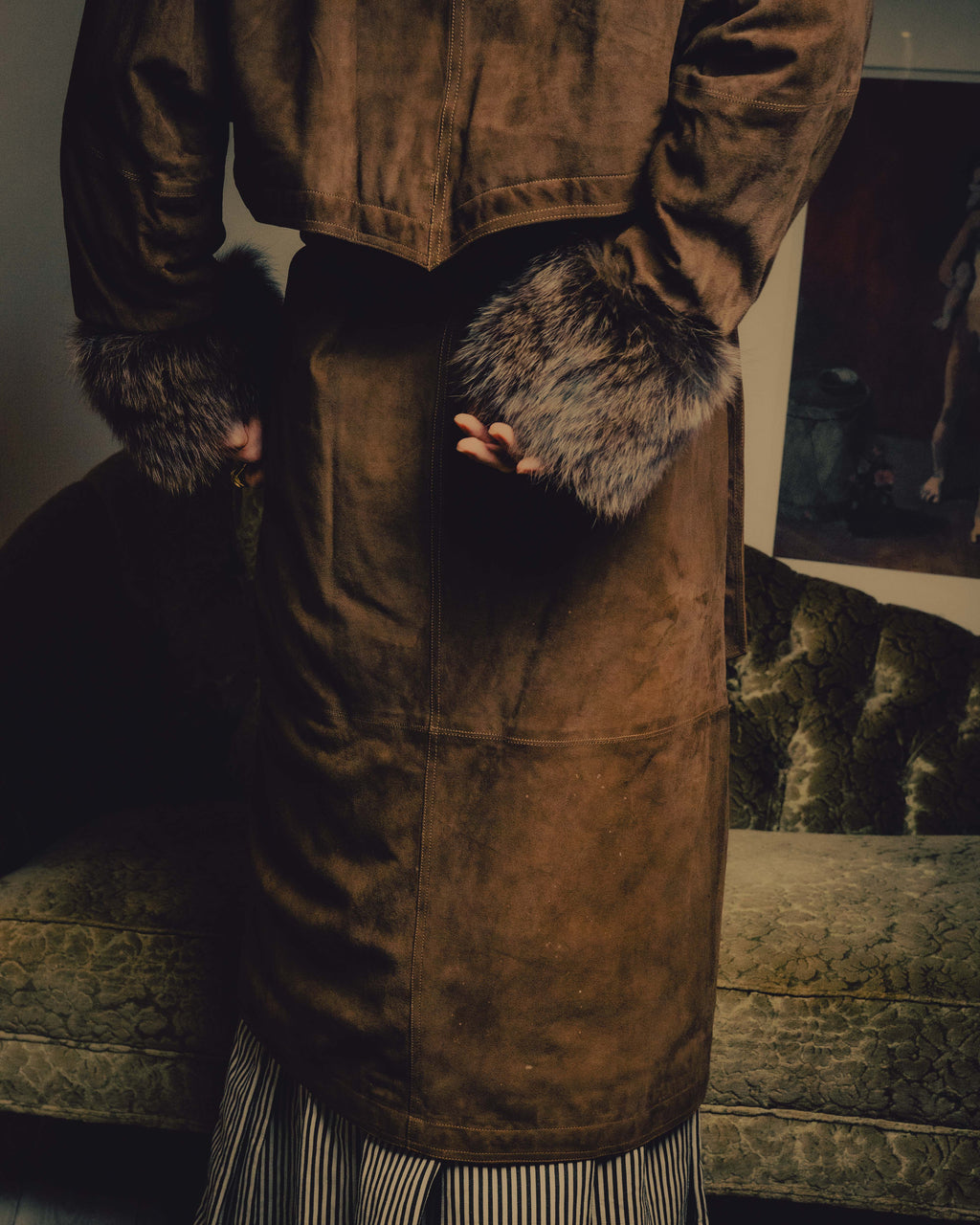 -SPECIAL- “GUCCI” 80’s Belted suede long coat with fur cuffs