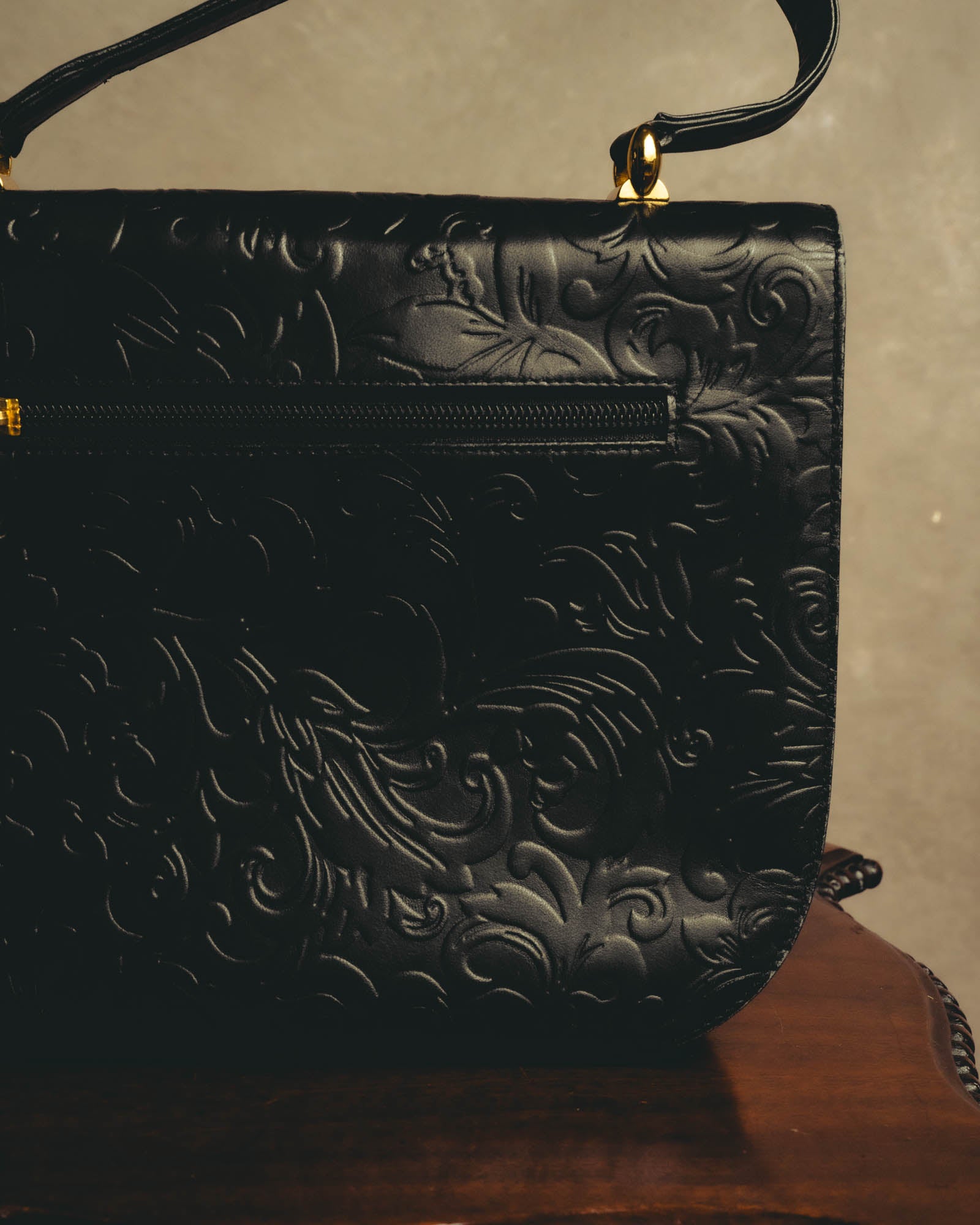 "BALENCIAGA" 80's-90's Ornately embossed leather handbag