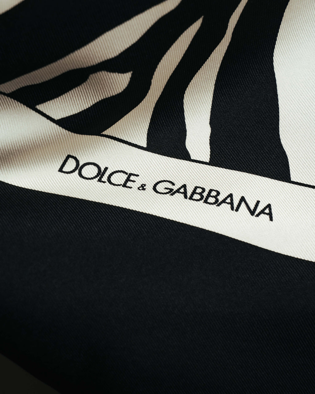 ゼブラ柄と額縁状のボーダーを寄りで捉えたカット。アイボリー系のボーダー部分に DOLCE & GABBANA のロゴが確認できます。