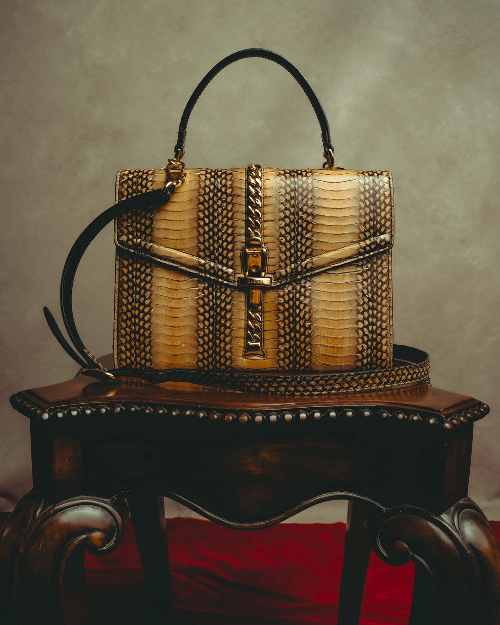 -SPECIAL- “GUCCI” 2019-2022 Sylvie 1969 python leather chain buckle top handle bag
