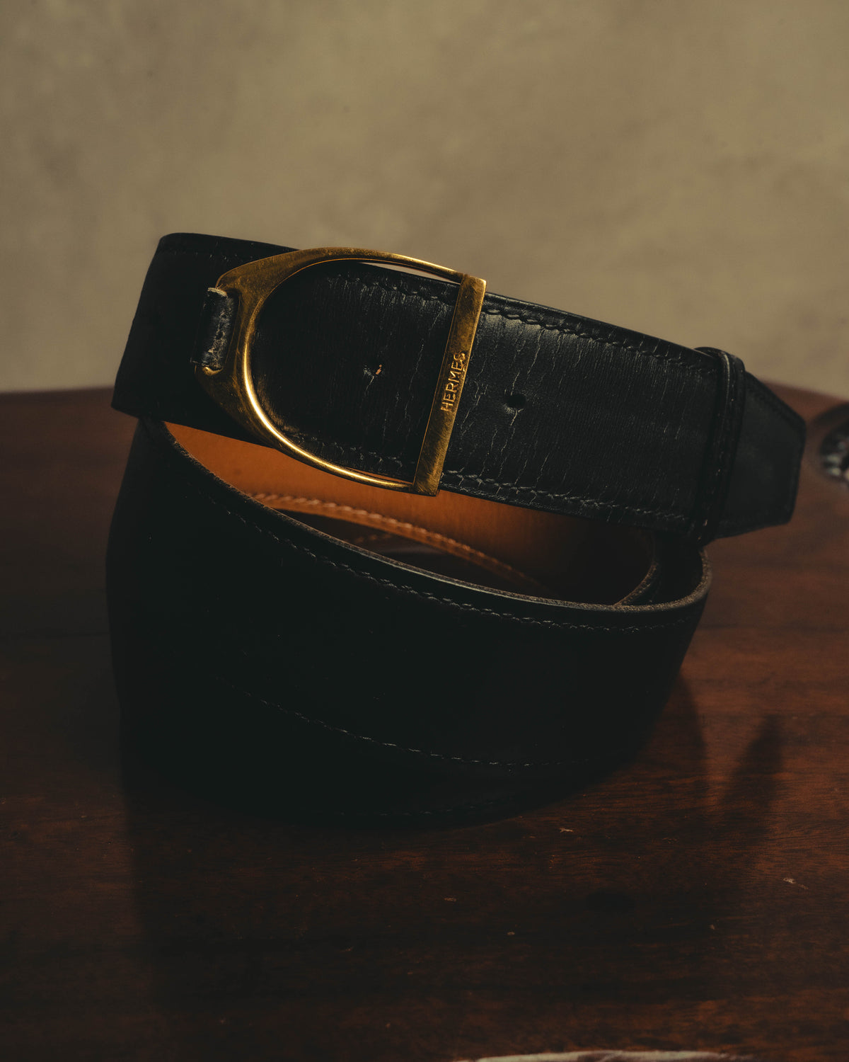 "HERMÈS" 80's Gold tone stirrup buckle leather belt