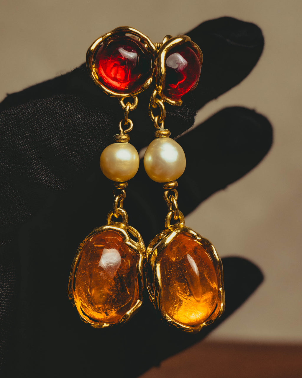 -SPECIAL- "Yves Saint Laurent" 80's-90's Vintage architectural poured glass and pearl drop earrings