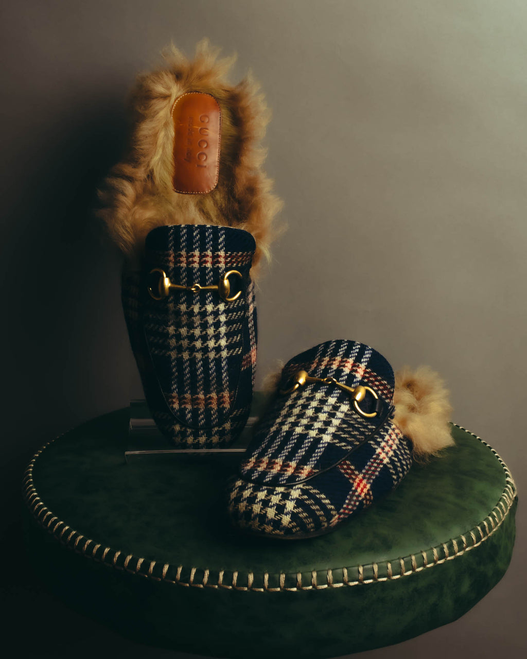 "GUCCI" 2010's-20's Tartan fur-lined horsebit mule