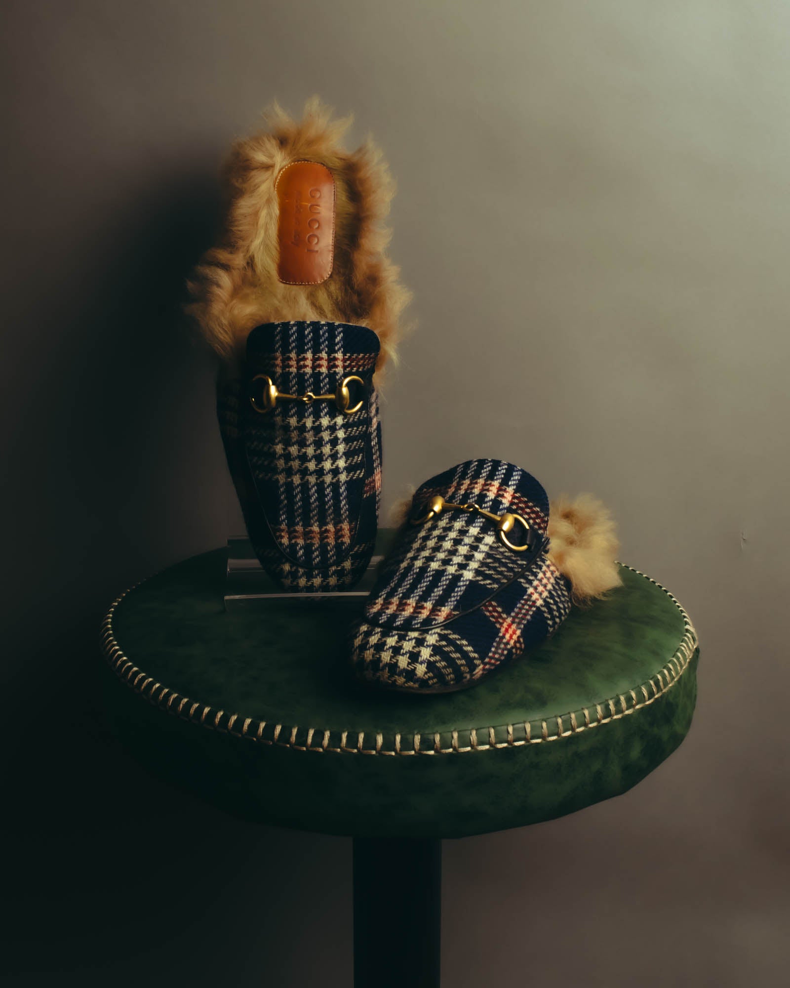 "GUCCI" 2010's-20's Tartan fur-lined horsebit mule