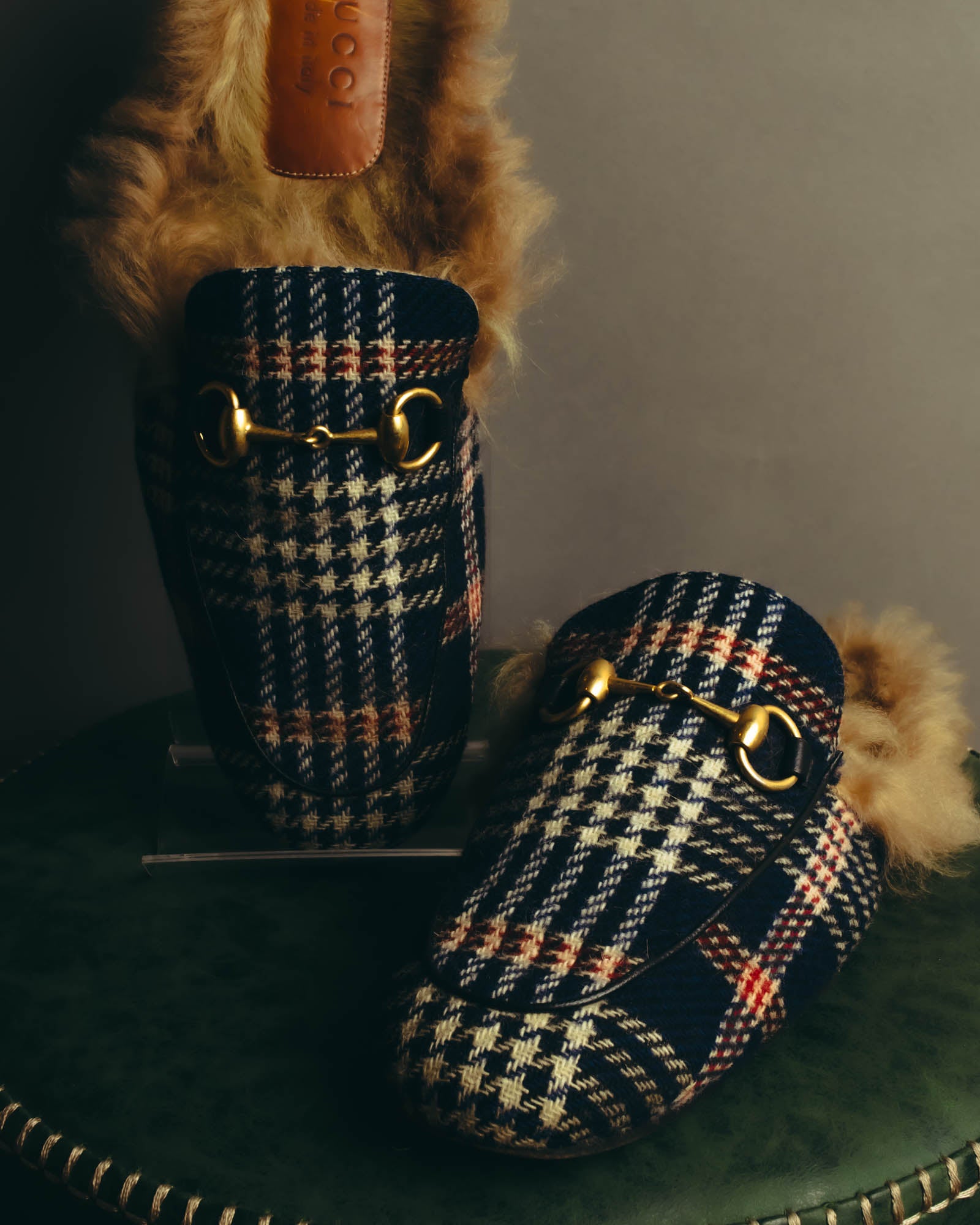 "GUCCI" 2010's-20's Tartan fur-lined horsebit mule