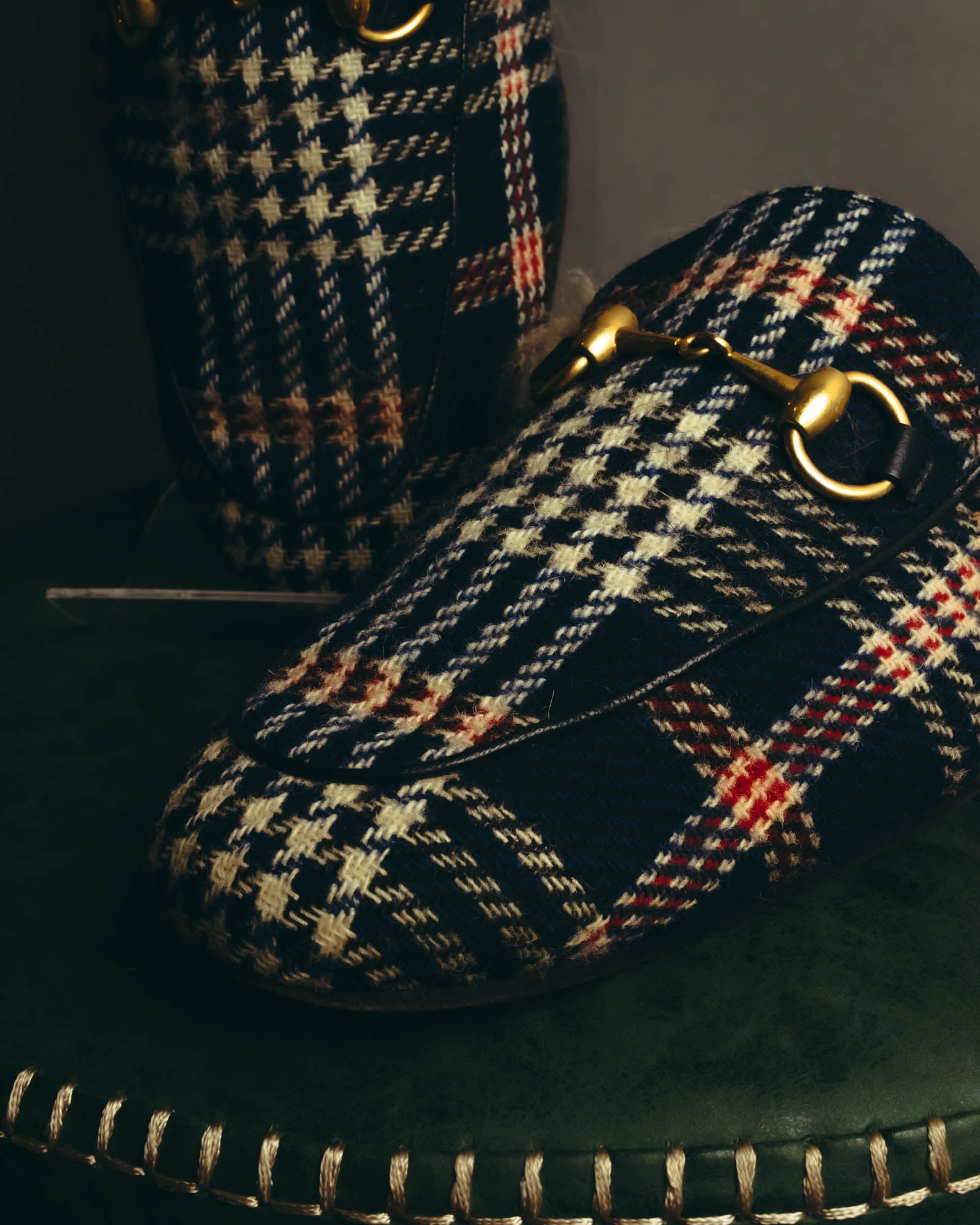 "GUCCI" 2010's-20's Tartan fur-lined horsebit mule