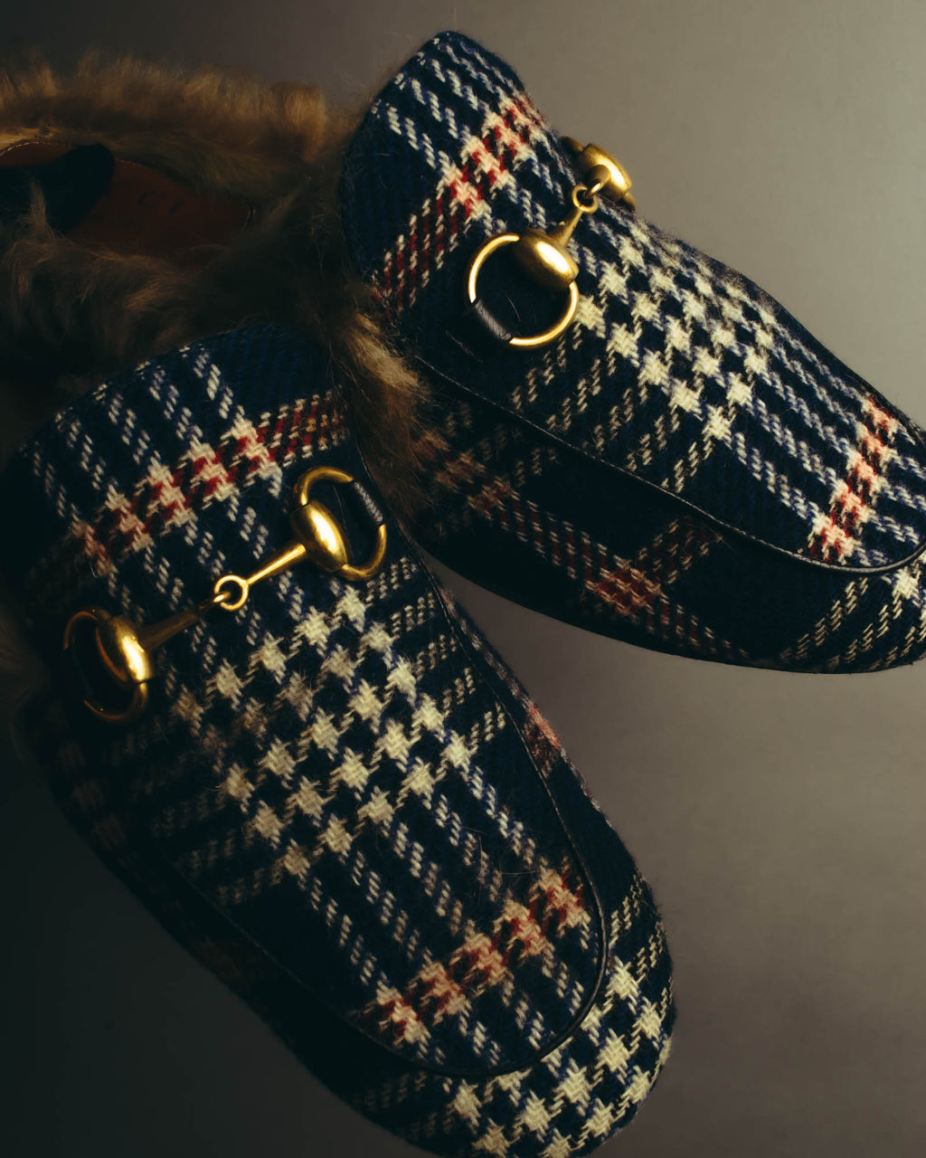 "GUCCI" 2010's-20's Tartan fur-lined horsebit mule