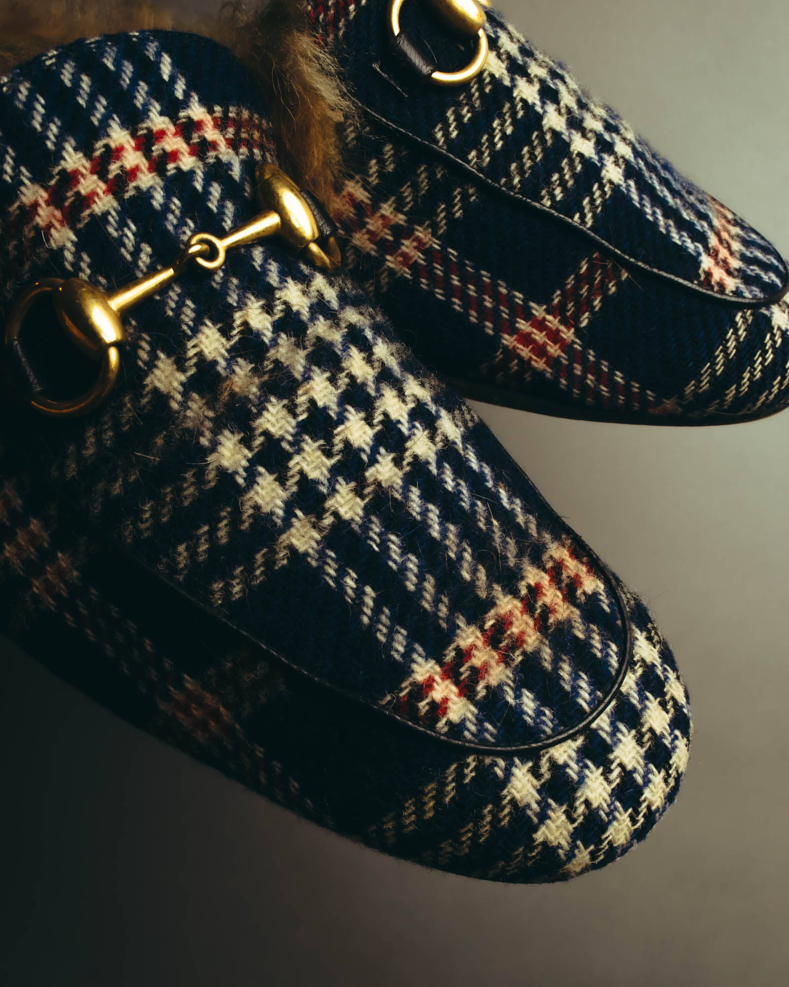 "GUCCI" 2010's-20's Tartan fur-lined horsebit mule