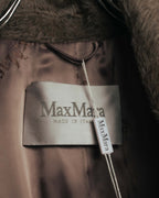 「Max Mara」「MADE IN ITALY」と表記された内タグのクローズアップ。ブランドロゴが繰り返し配された光沢のある裏地と、毛足のある表地の境目を確認できるカット。