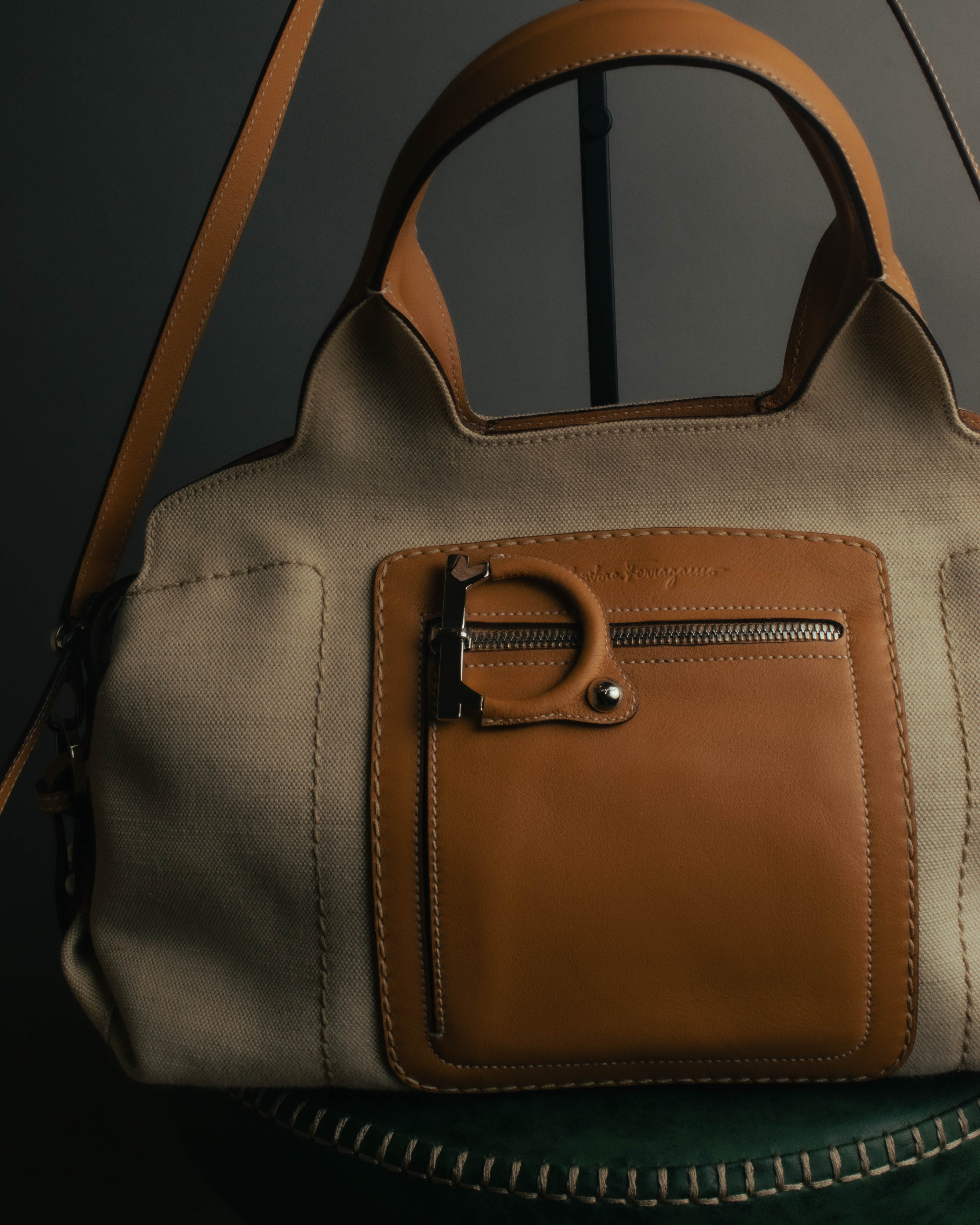 “Salvatore Ferragamo” 00’s-10’s Canvas leather gancini detail 2way handbag