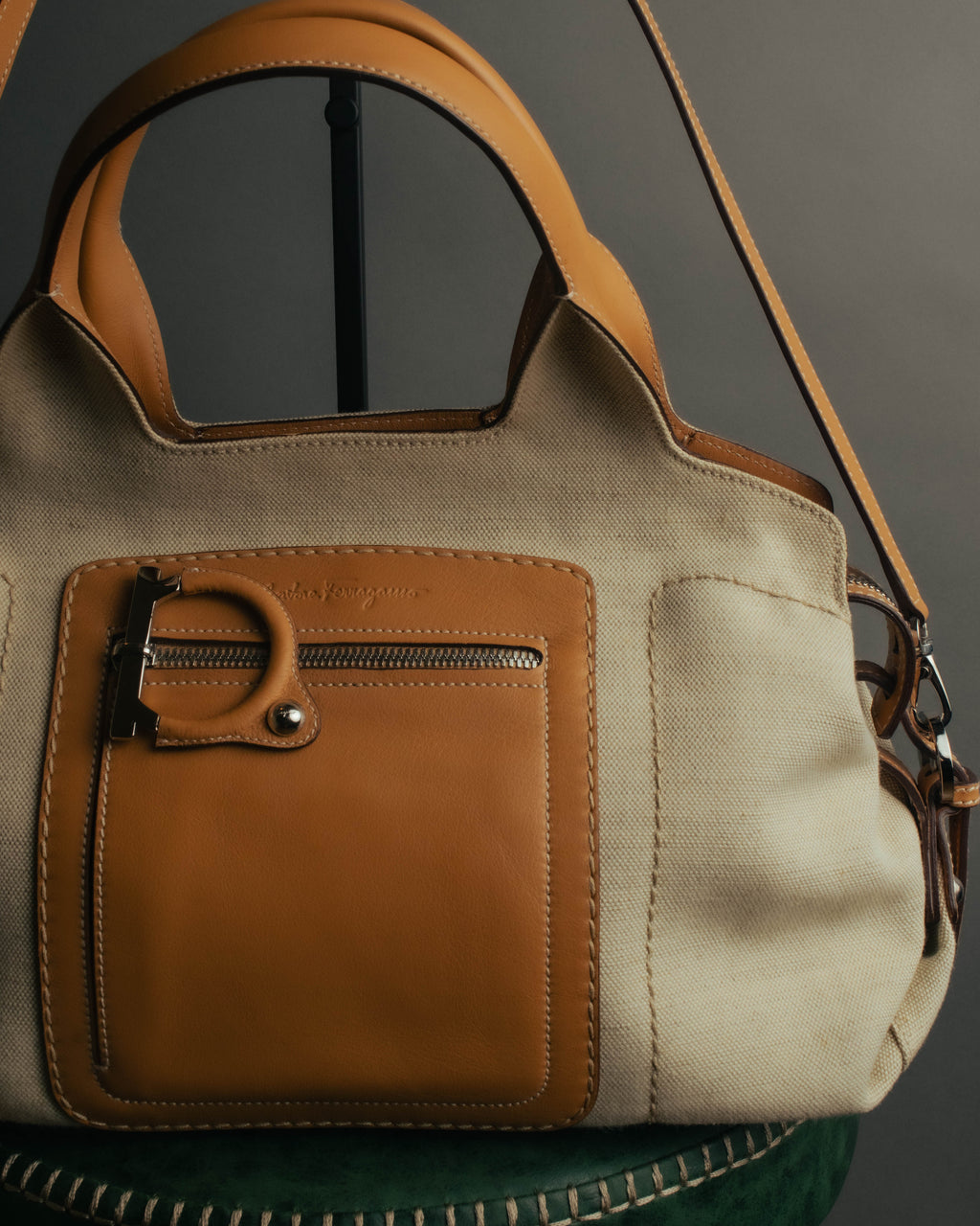 “Salvatore Ferragamo” 00’s-10’s Canvas leather gancini detail 2way handbag