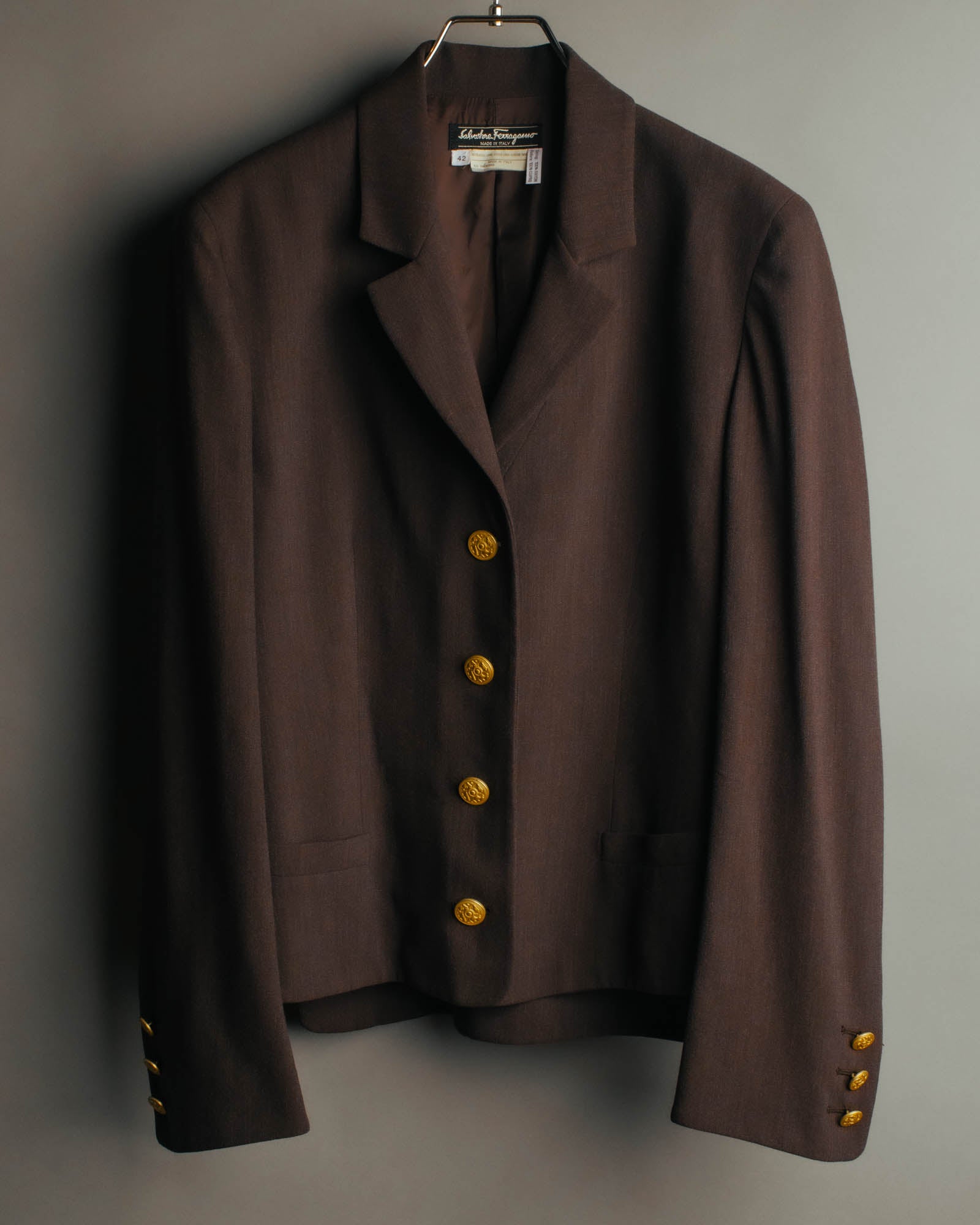 "Salvatore Ferragamo" 90's Shoe-motif gold button wool tailored jacket