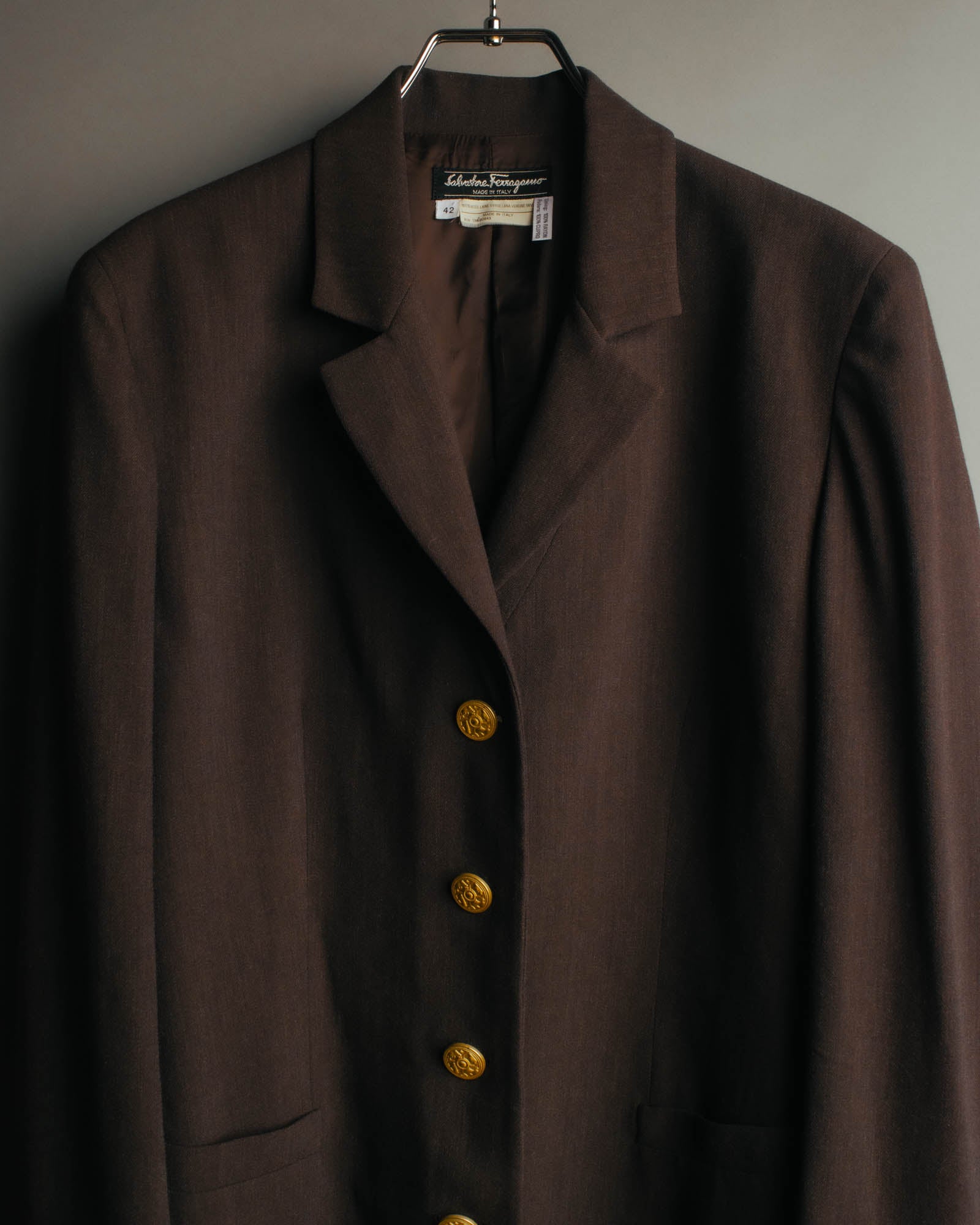 "Salvatore Ferragamo" 90's Shoe-motif gold button wool tailored jacket