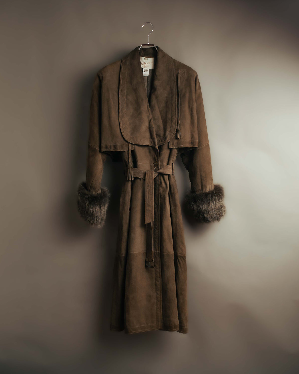 -SPECIAL- “GUCCI” 80’s Belted suede long coat with fur cuffs