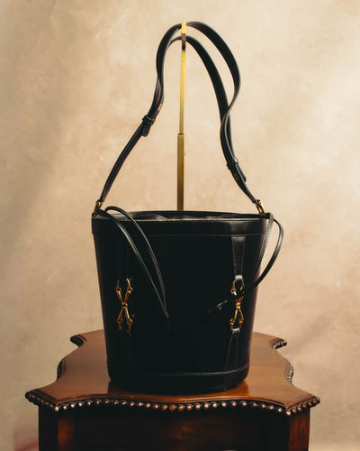 "GUCCI" 70's-80's Black leather bucket shoulder bag