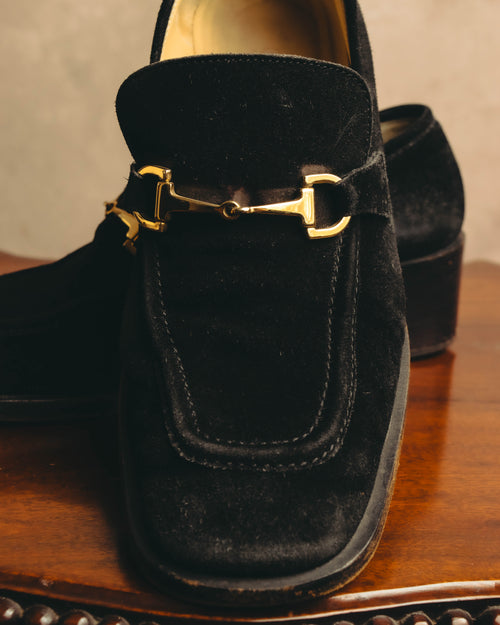"GUCCI" 90's-00's Black suede horsebit heeled loafer