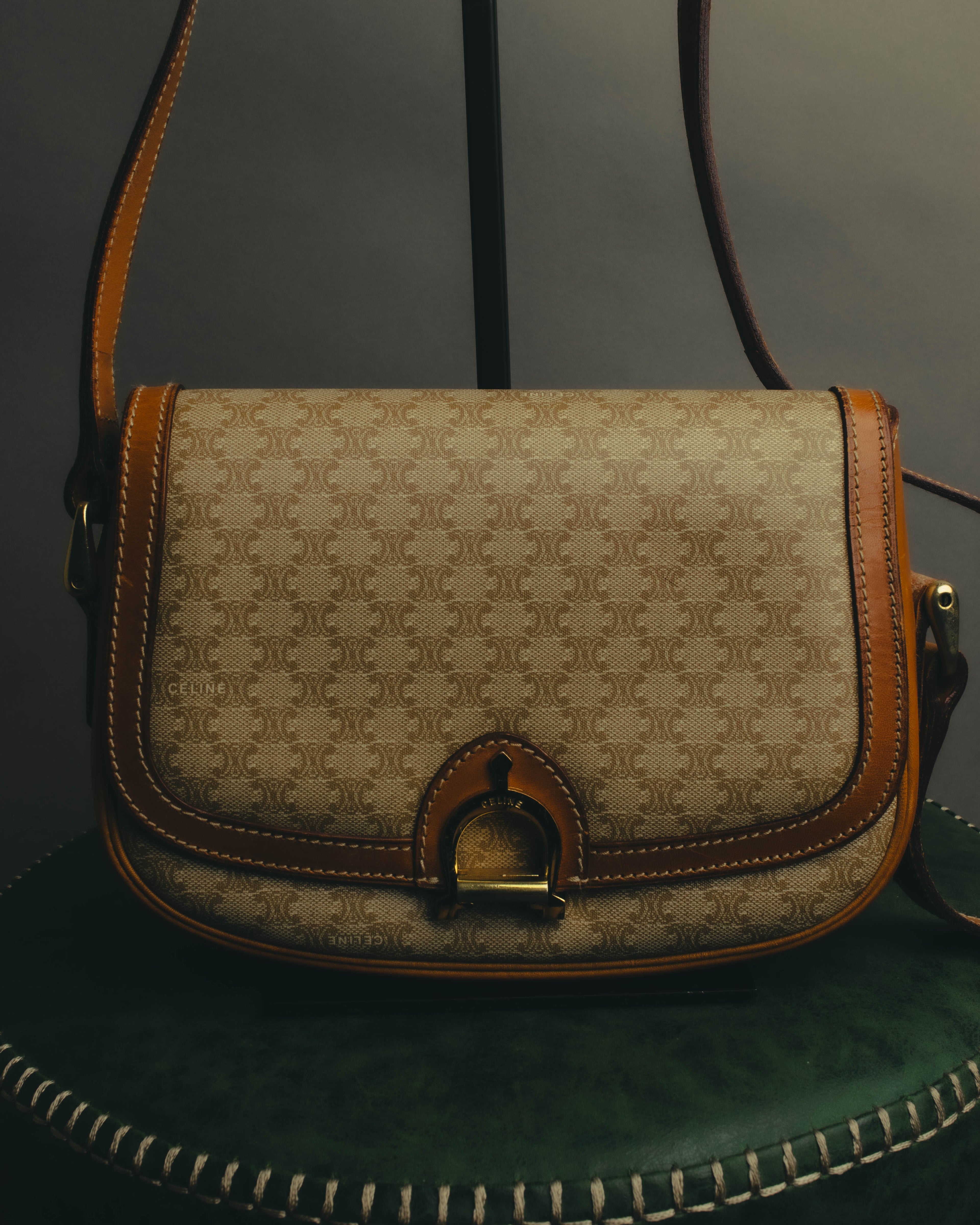 "CELINE" 70's-80's Macadam horsebit shoulder bag