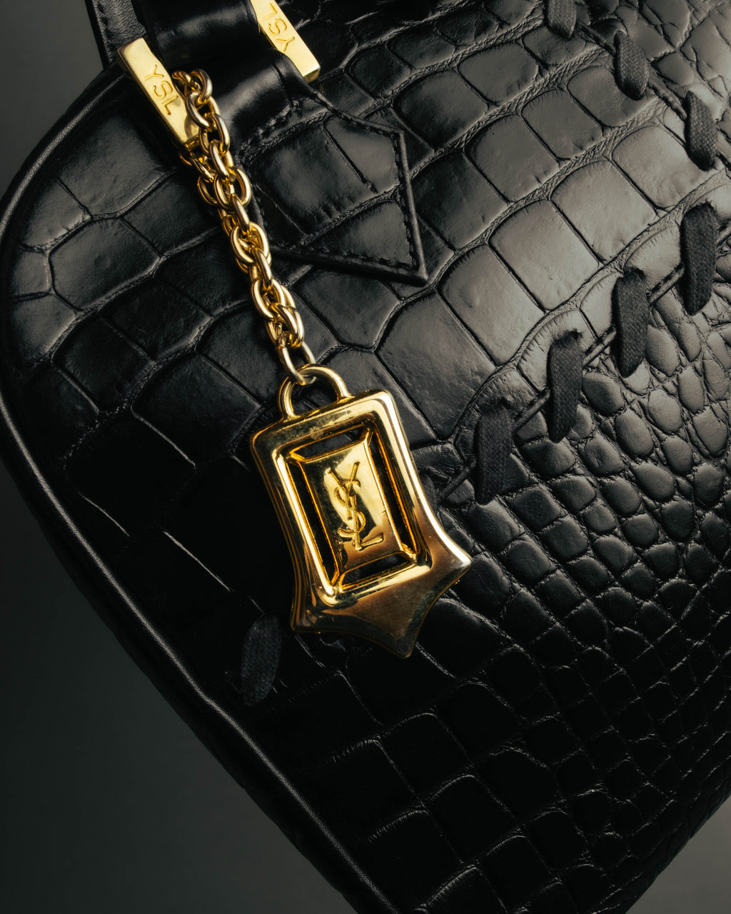"Yves Saint Laurent" 90's-00's Glossy croc embossed bowler bag