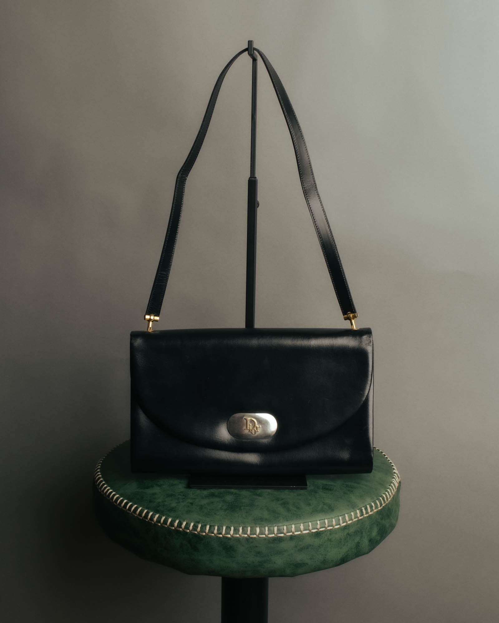 "Christian Dior" 70's-80's Glossy black flap shoulder bag
