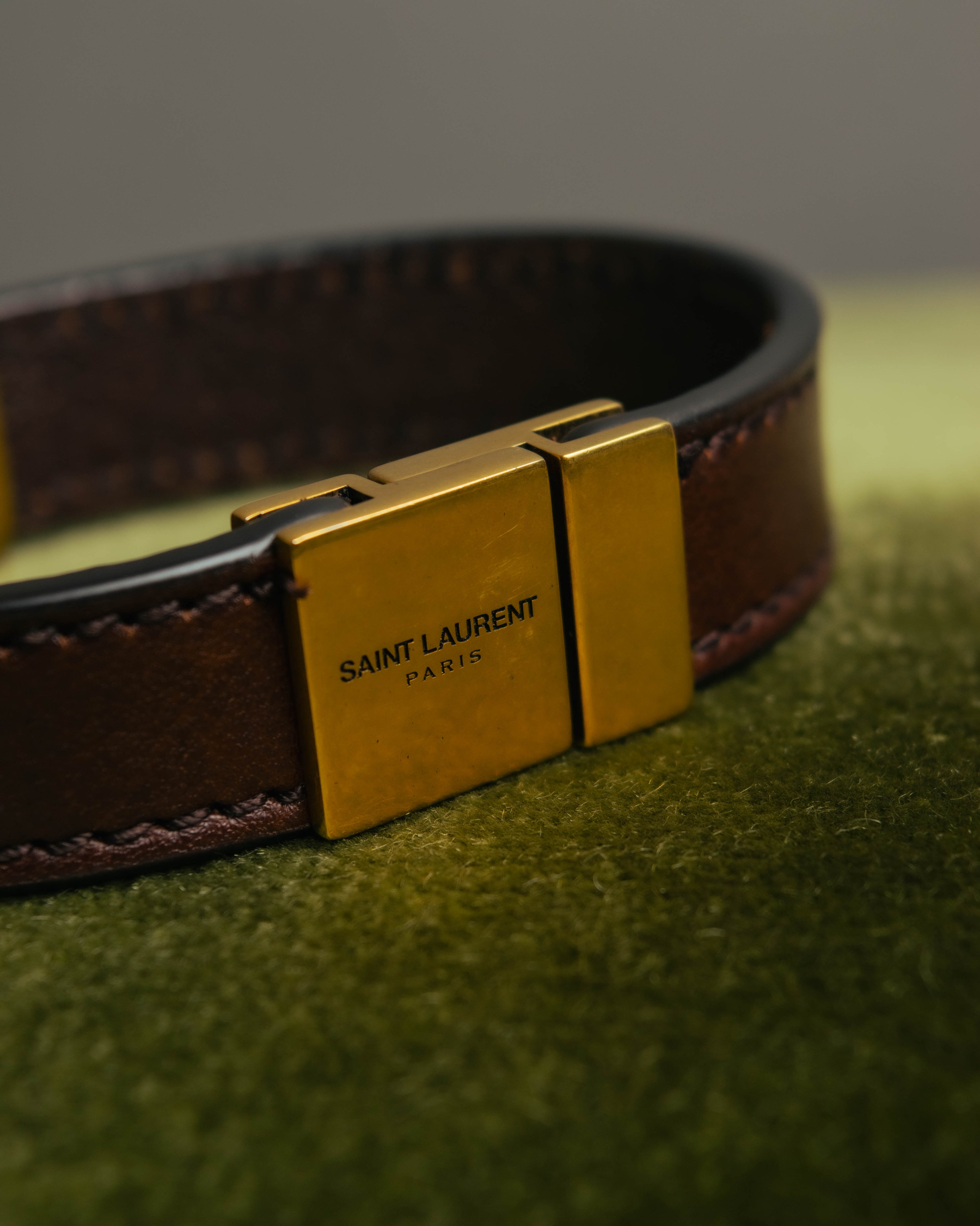 "SAINT LAURENT PARIS" Brown logo leather bracelet