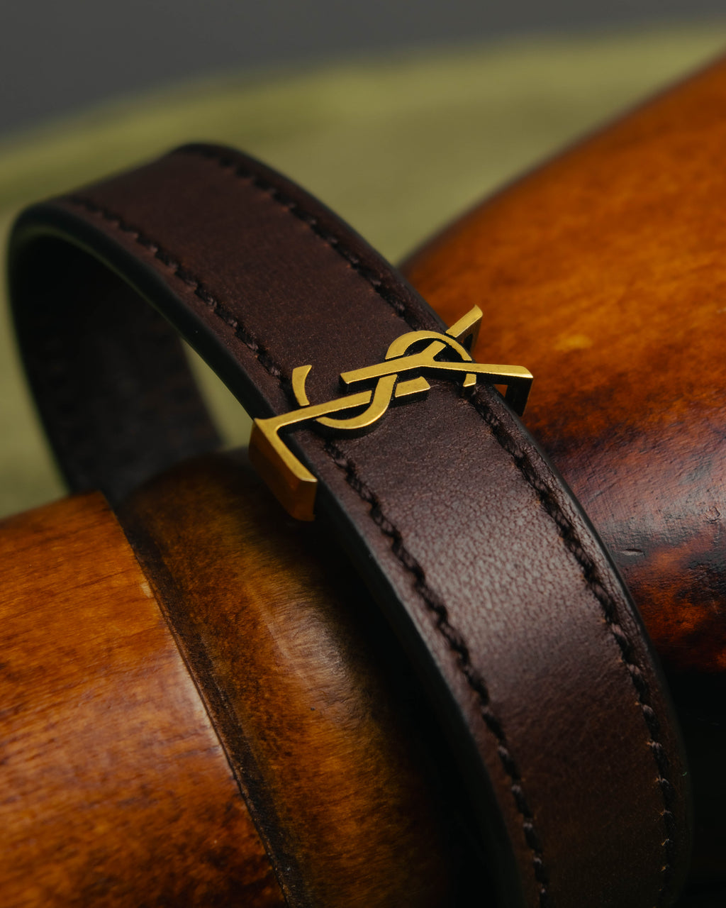 "SAINT LAURENT PARIS" Brown logo leather bracelet
