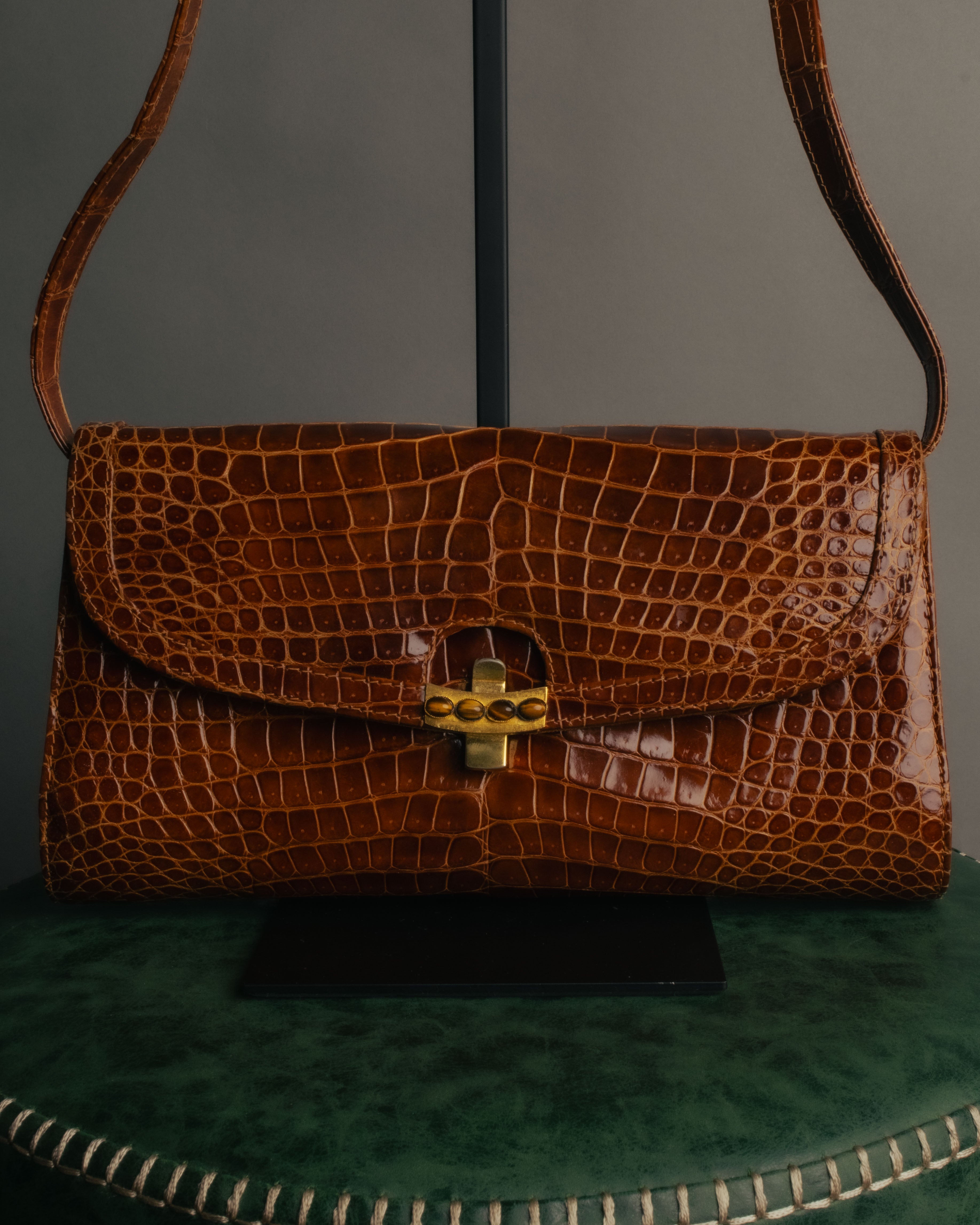 -SPECIAL- “GUCCI” 70’s Crocodile tiger eye clasp shoulder bag
