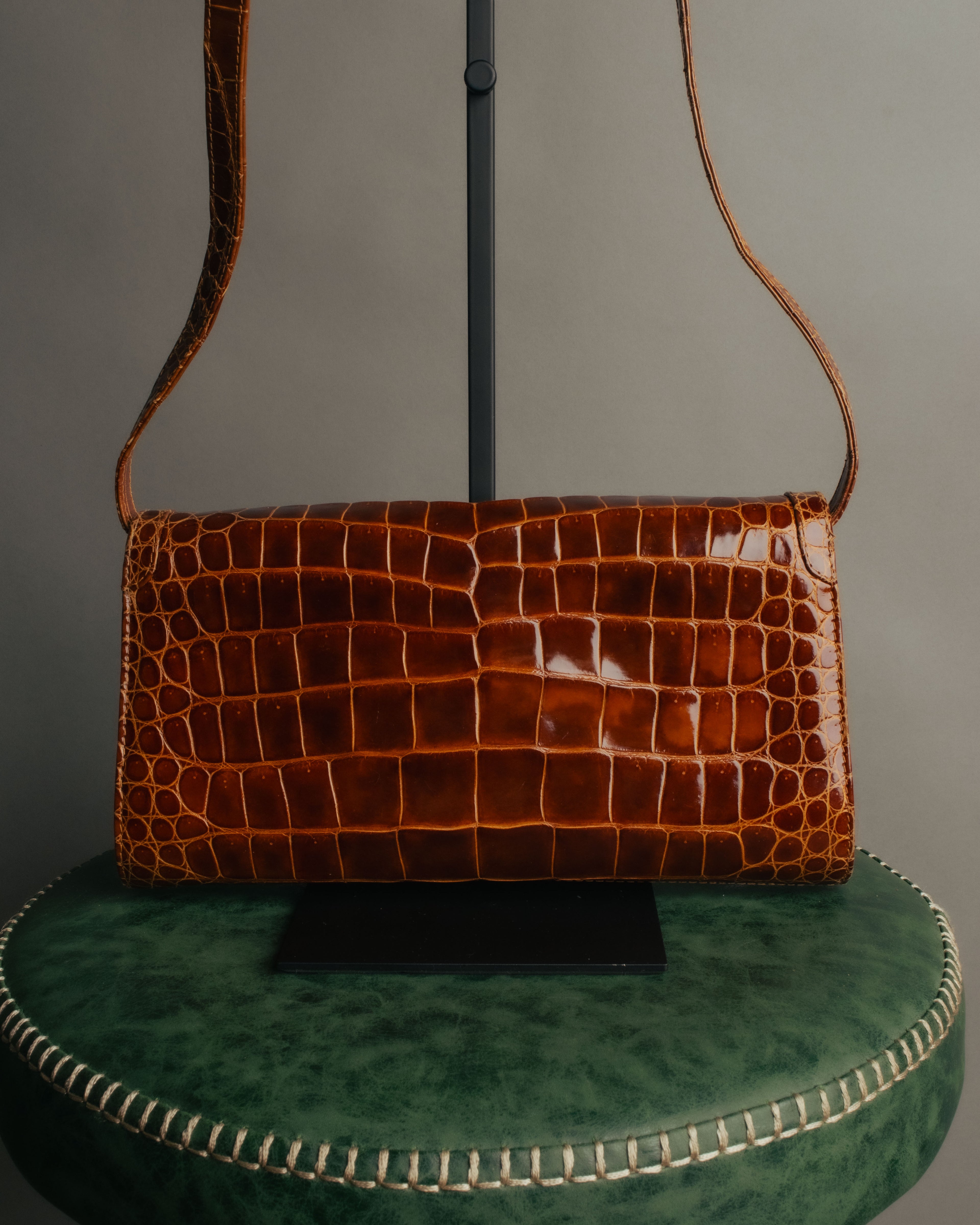 -SPECIAL- “GUCCI” 70’s Crocodile tiger eye clasp shoulder bag