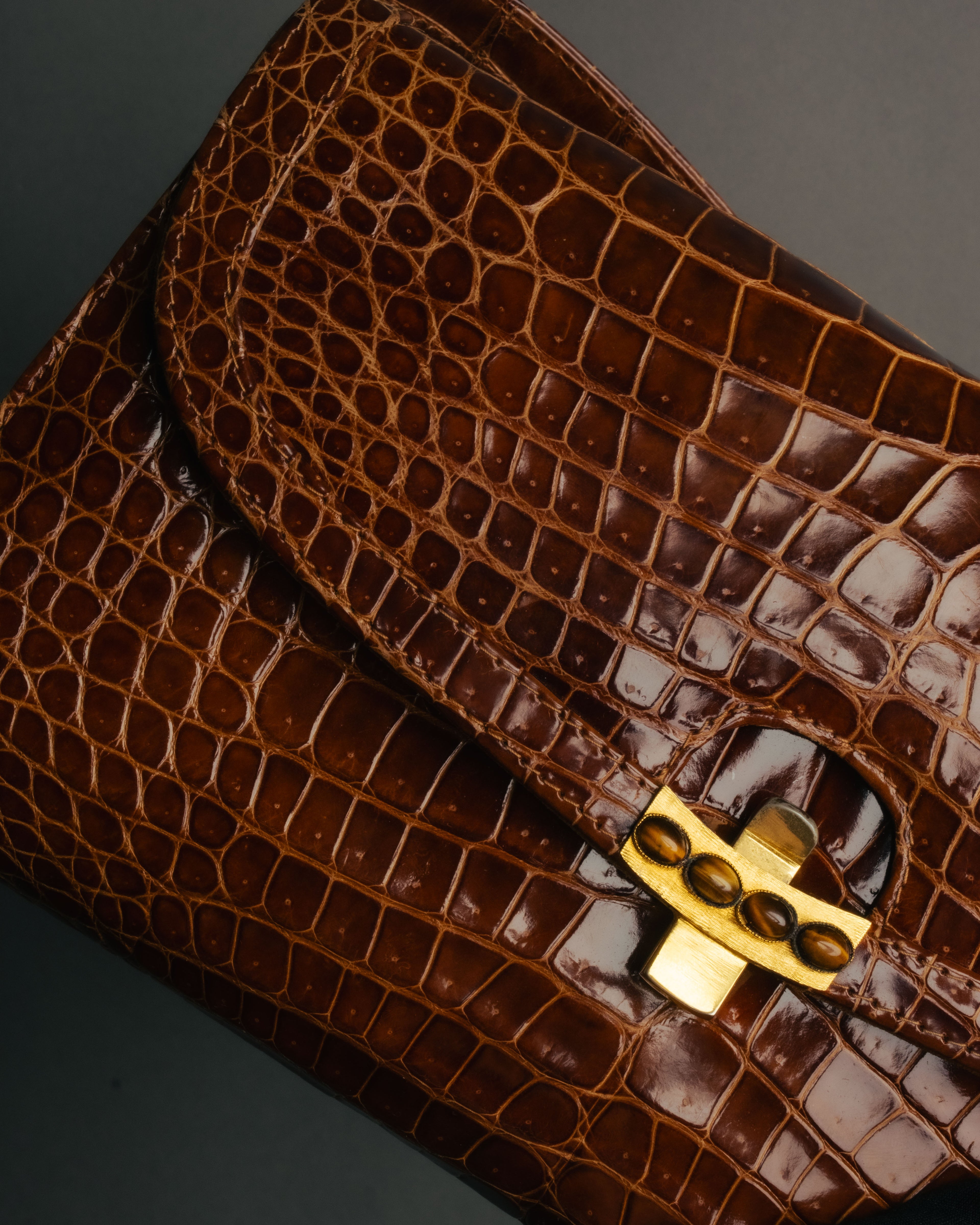 -SPECIAL- “GUCCI” 70’s Crocodile tiger eye clasp shoulder bag