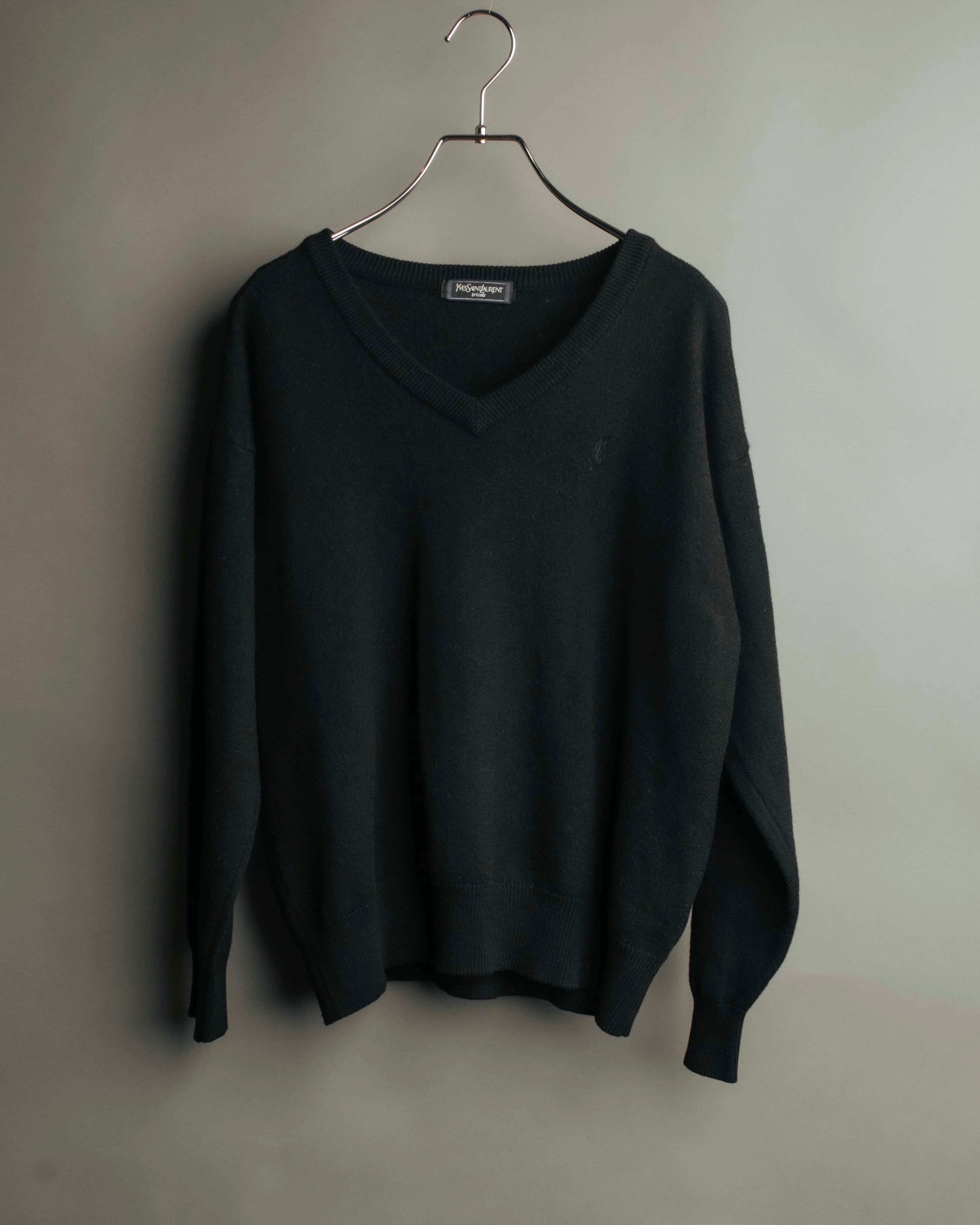 "Yves Saint Laurent" 80's-90's Minimal black wool v-neck sweater