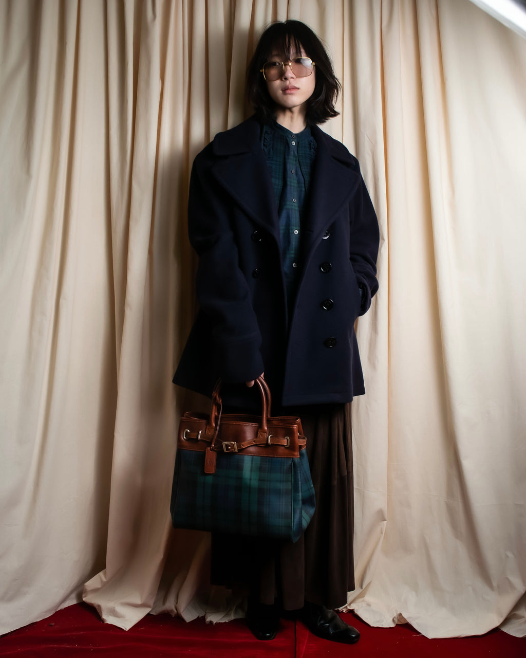 "Ralph Lauren" Blackwatch check canvas leather combination bag