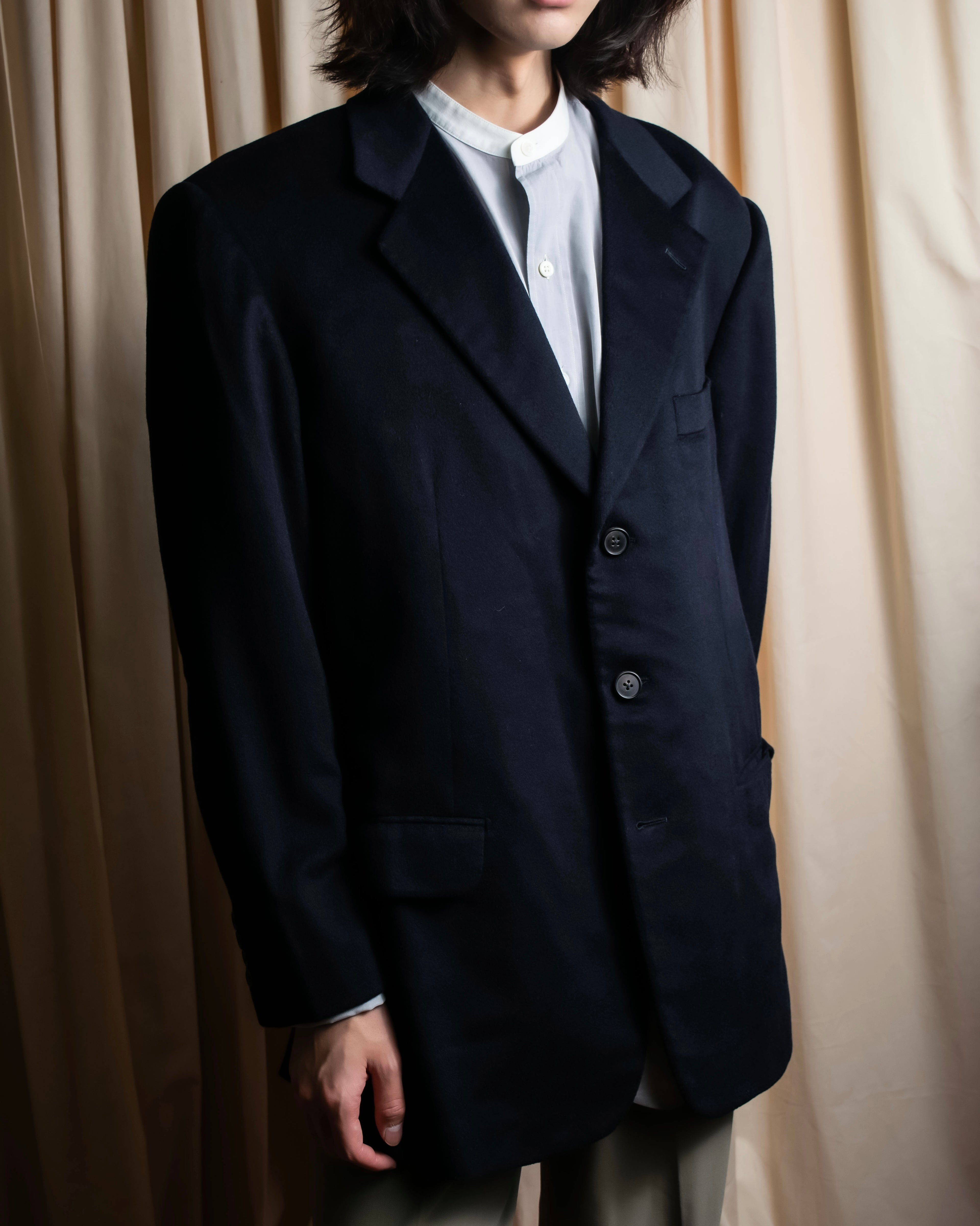 "HERMES" 90's Pure cashmere navy blue tailored jacket