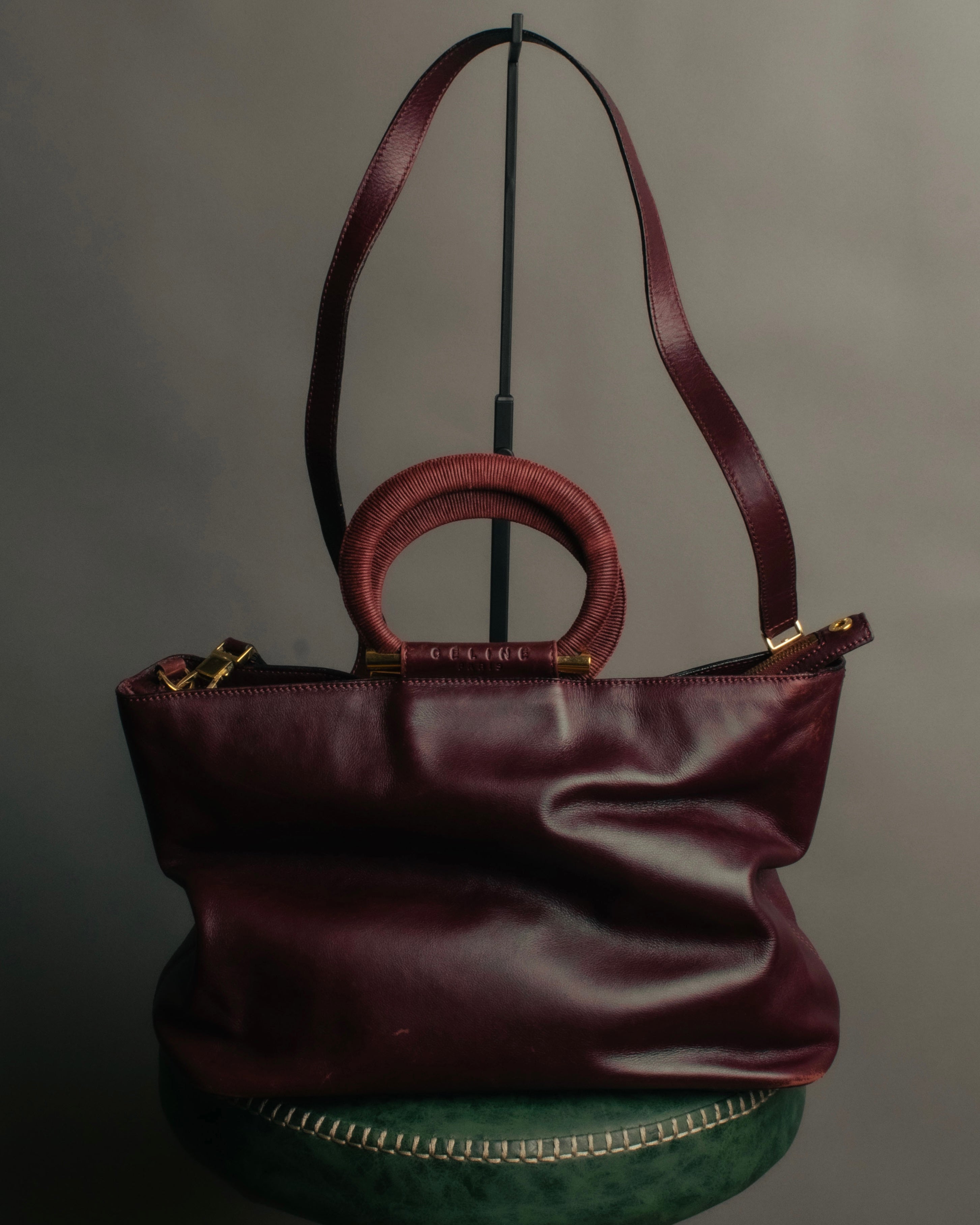 “CELINE” 90’s-00’s Burgundy leather ring handle tote bag