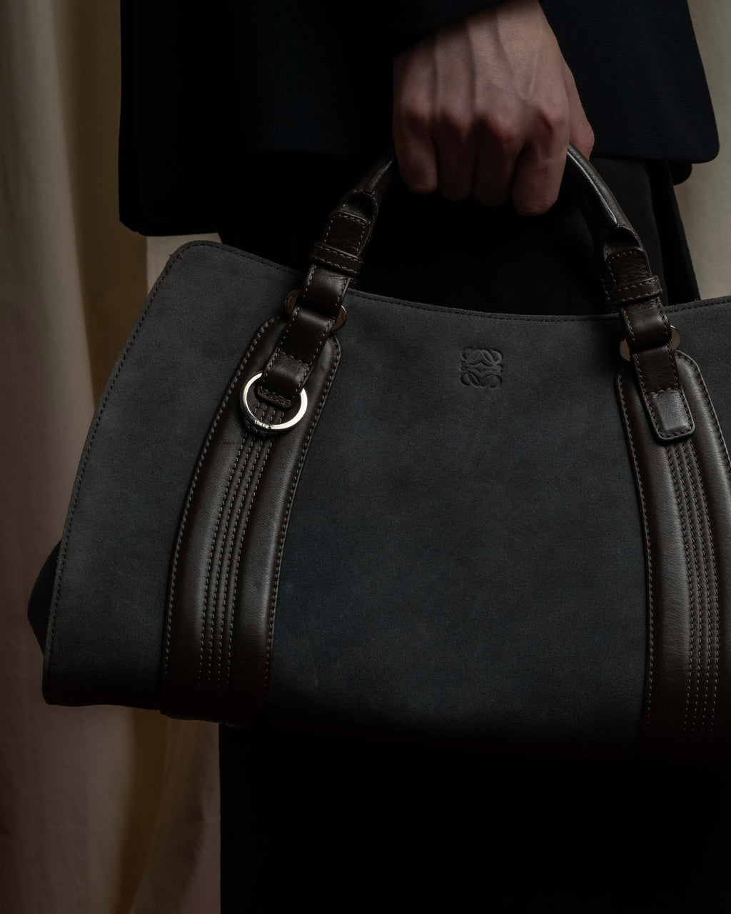 "LOEWE" Harness design logo engraved suede leather hand bag