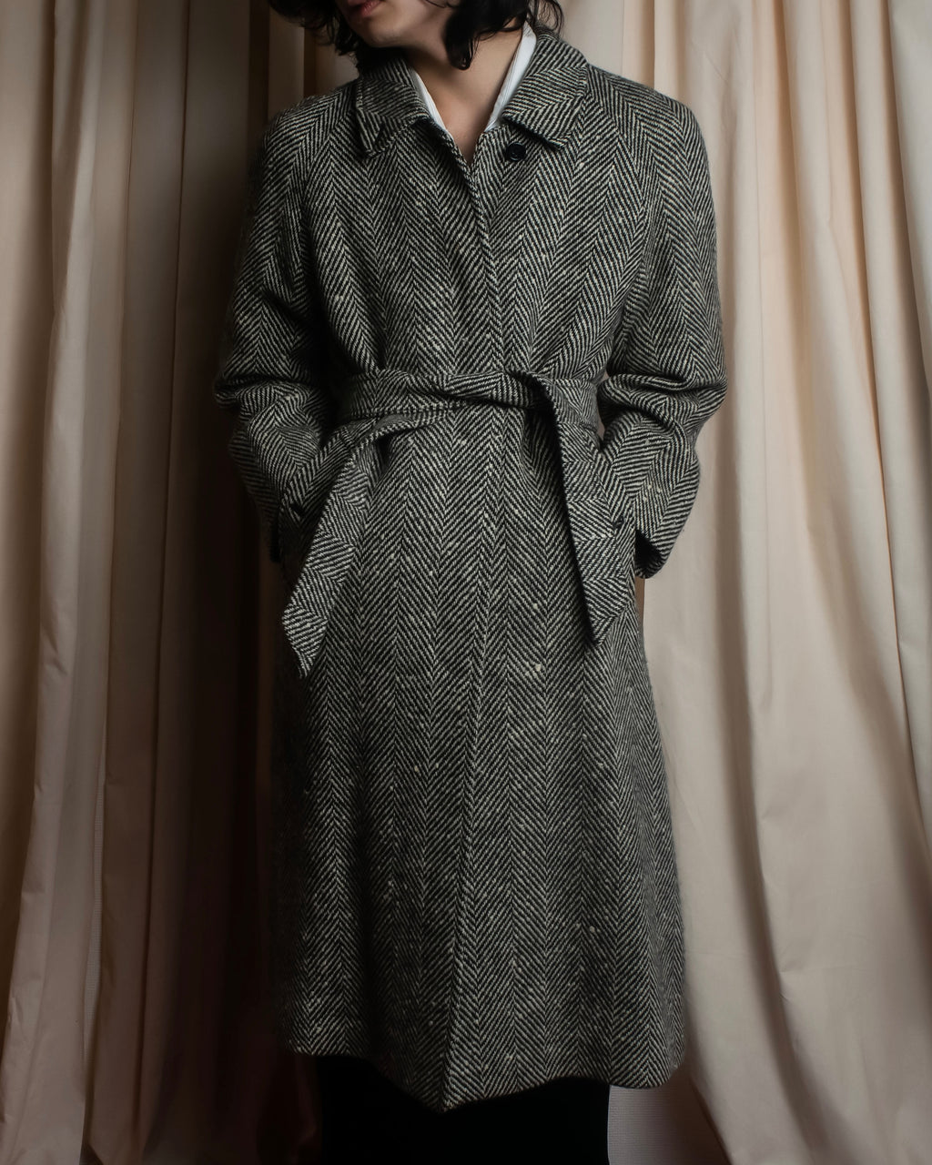 "BURBERRYS" Herringbone belted design soutien collar coat