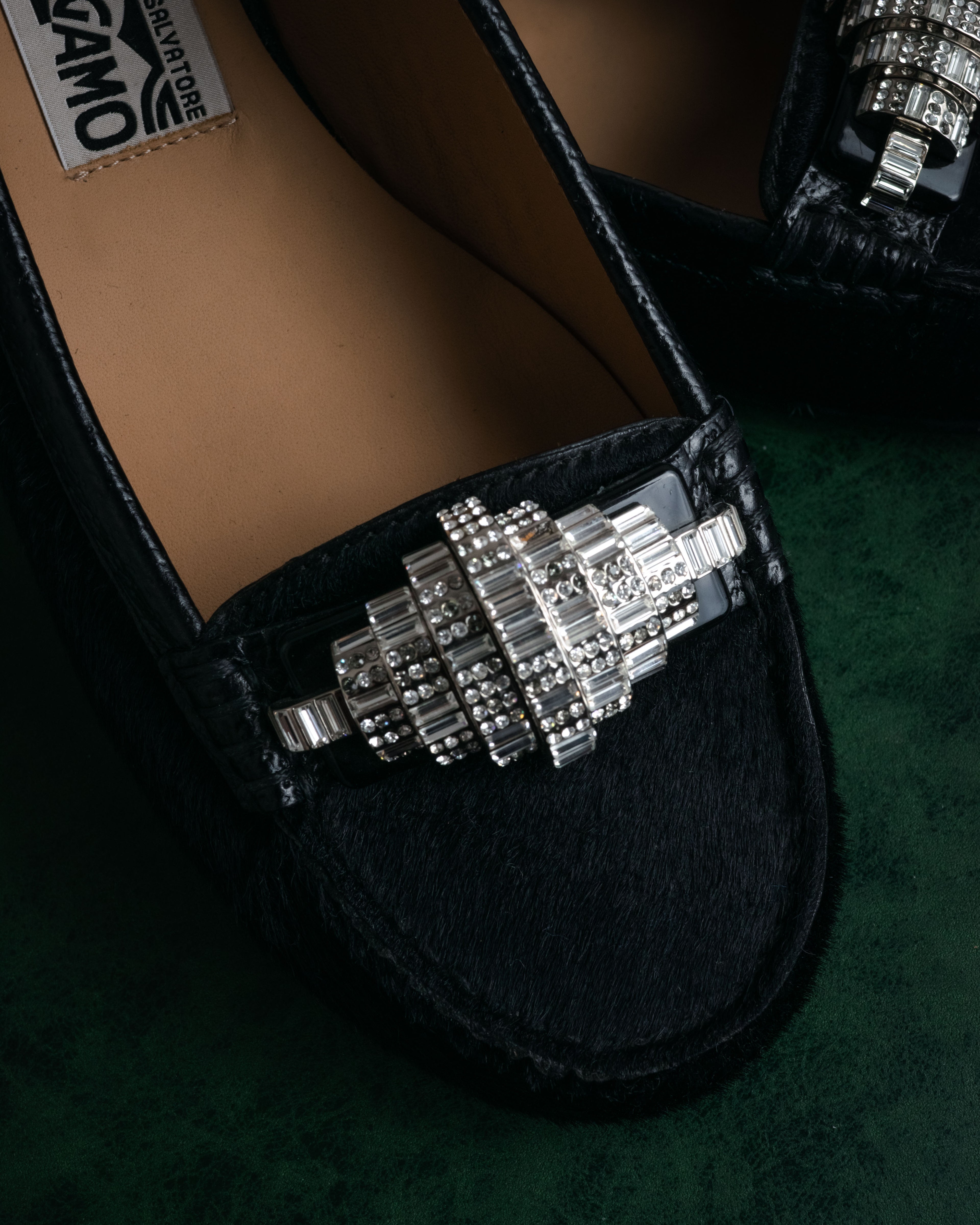 “SALVATORE FERRAGAMO” 00’s Haircalf crystal ornament shoes