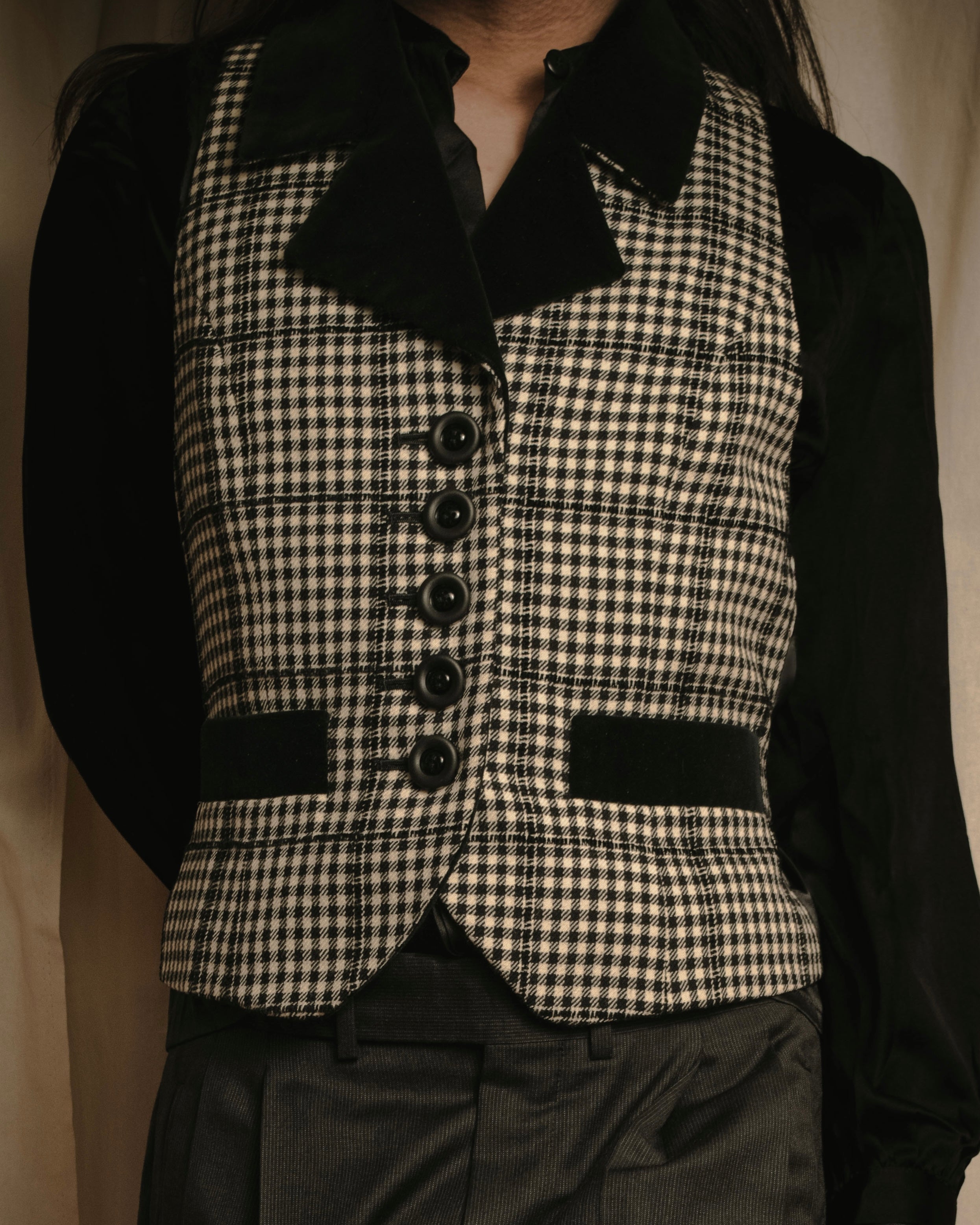 –SPECIALS– "Yves Saint Laurent" 90’s Mid gingham check velvet lapel tailored vest